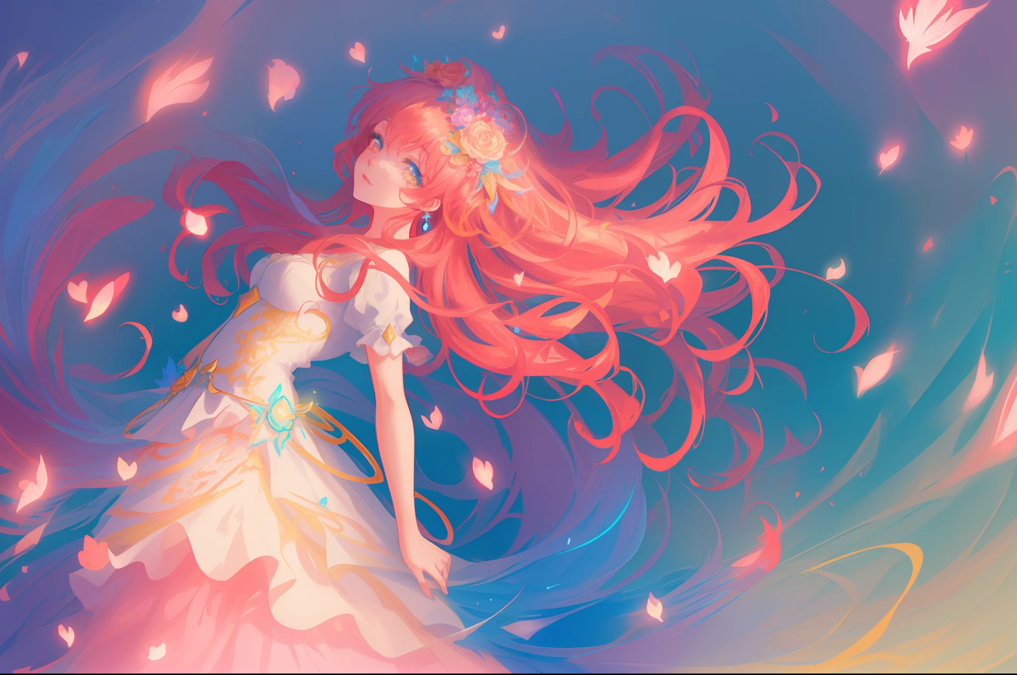 beautiful anime girl in white princess ballgown, vibrant pastel colors, (colorful), magical lights, flowing long red hair, sparkling lines of light, inspired by Glen Keane, inspired by Lois van Baarle, disney art style, by Lois van Baarle, glowing aura around her, by Glen Keane, jen bartel, glowing lights! digital painting, flowing glowing hair, glowing flowing hair, beautiful digital illustration, fantasia background, whimsical, magical, fantasy, beautiful face, ((masterpiece, best quality)), intricate details, highly detailed, sharp focus, 8k resolution, sparkling detailed eyes, liquid watercolor, otherworldly plants and landscape, colorful landscape, colorful plants