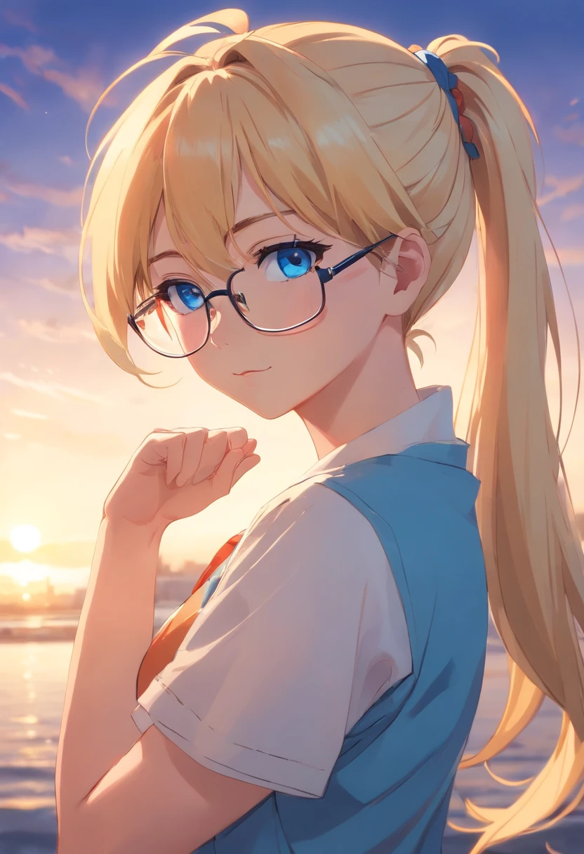 "Young girl, fair complexion, blue eyes, long blonde hair down to her elbows tied in a high ponytail, wears glasses, has a fit or athletic body, and is dressed in a slightly aesthetic outfit."