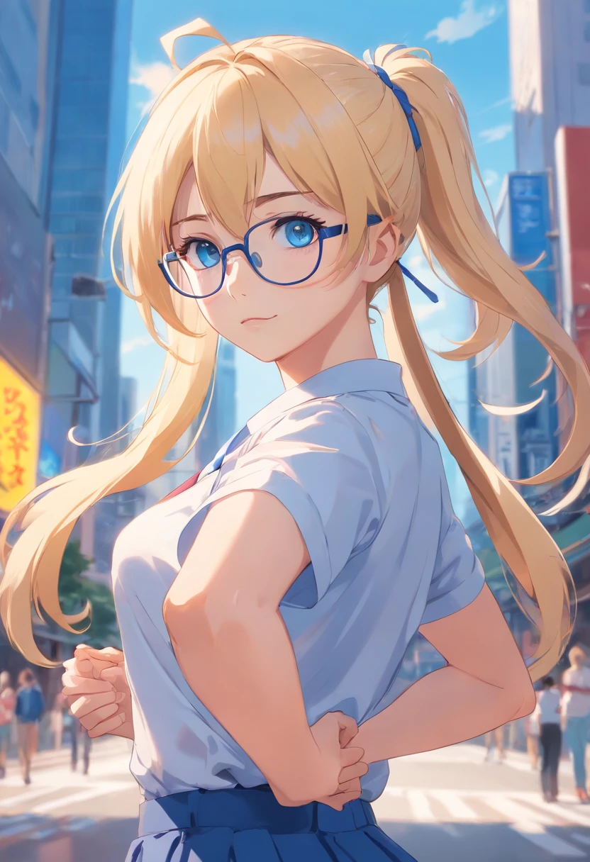 "Young girl, fair complexion, blue eyes, long blonde hair down to her elbows tied in a high ponytail, wears glasses, has a fit or athletic body, and is dressed in a slightly aesthetic outfit."