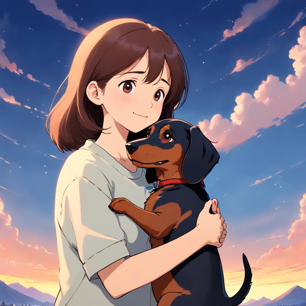 masutepiece, Best Quality, Movie Still, 1girl in, Very happy to hug her dachshund dog, Beautiful vanilla sky background