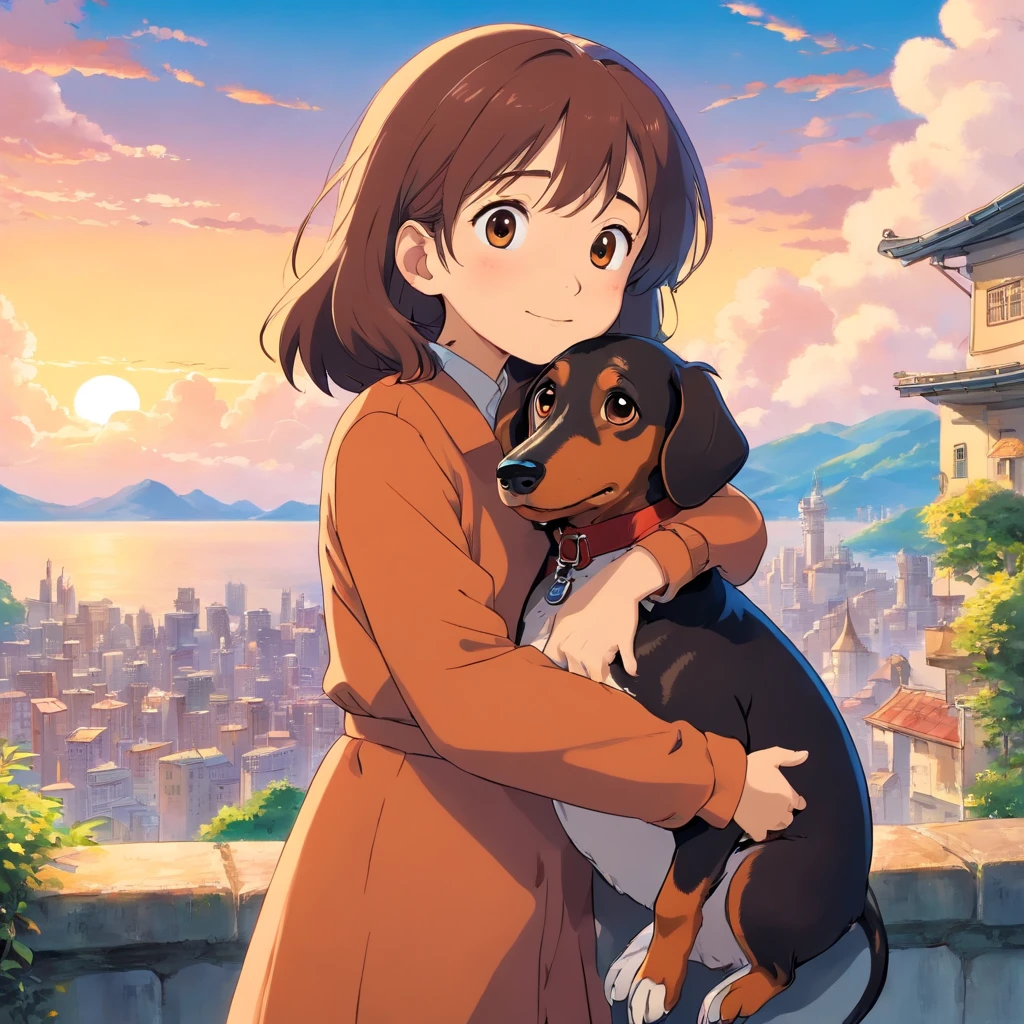 masutepiece, Best Quality, Movie Still, 1girl in, Very happy to hug her dachshund dog, Beautiful vanilla sky background