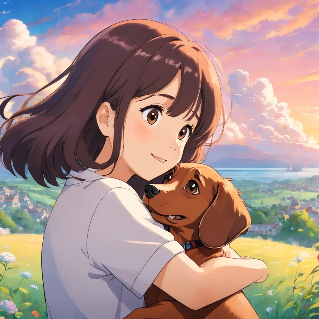 masutepiece, Best Quality, Movie Still, 1girl in, Very happy to hug her dachshund dog, Beautiful vanilla sky background