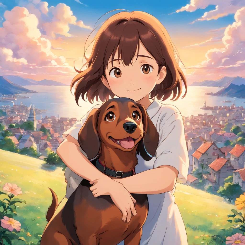 masutepiece, Best Quality, Movie Still, 1girl in, Very happy to hug her dachshund dog, Beautiful vanilla sky background