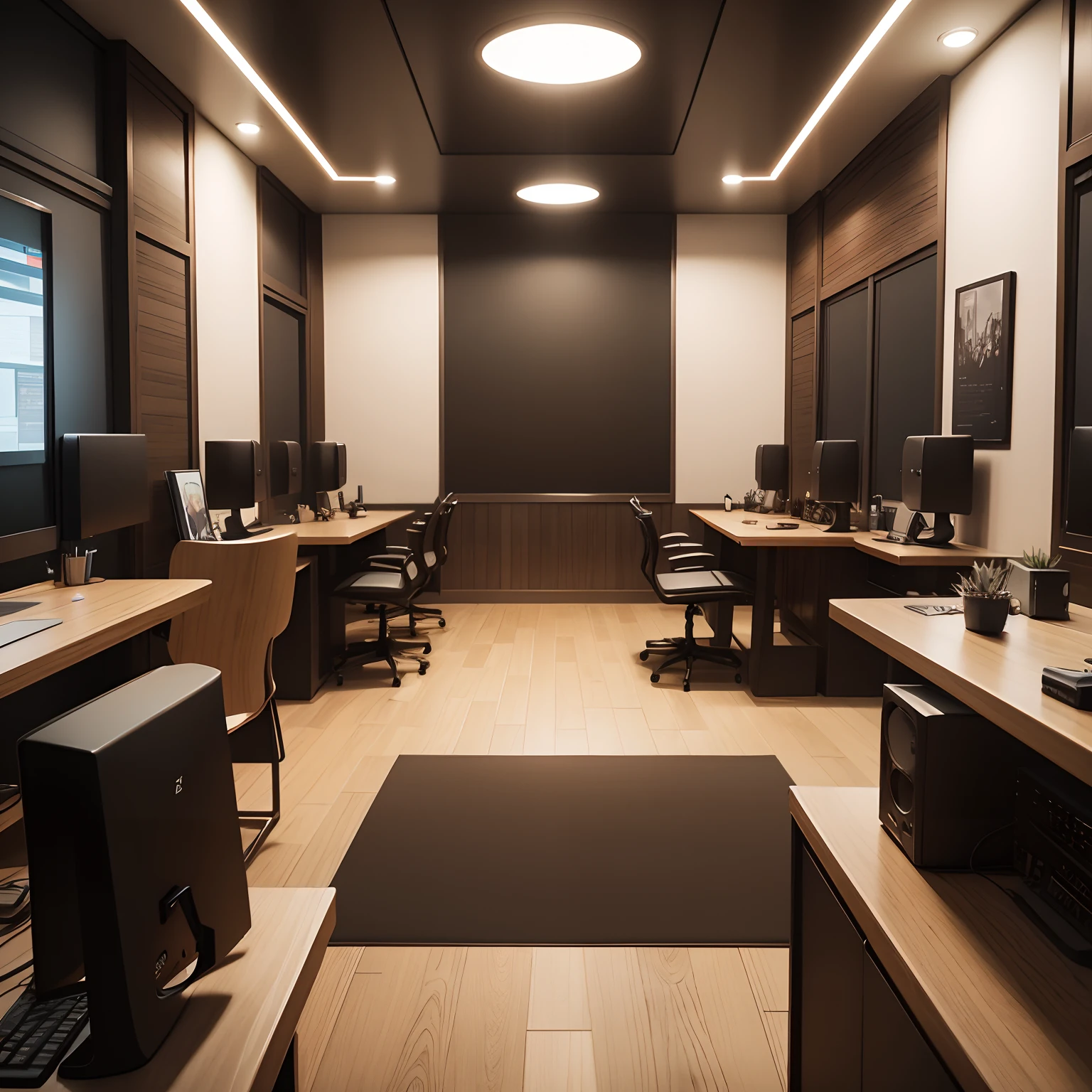 Make a 2d interior design of a internet cafe without any people in it
