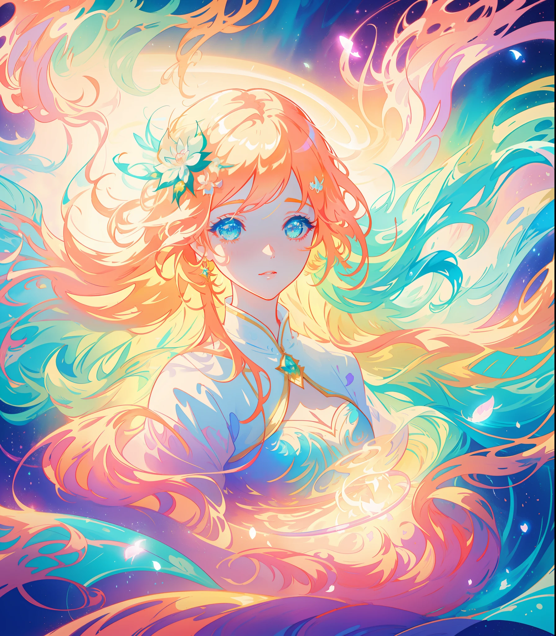 beautiful flowing dress, beautiful anime girl, portrait, vibrant pastel colors, (colorful), magical lights, flowing golden hair, liquid lines of light, inspired by Glen Keane, inspired by Lois van Baarle, disney art style, by Lois van Baarle, glowing aura around her, by Glen Keane, jen bartel, glowing lights! digital painting, flowing glowing hair, glowing flowing hair, beautiful digital illustration, fantasia background, whimsical, magical, fantasy, beautiful face, ((masterpiece, best quality)), intricate details, highly detailed, sharp focus, 8k resolution, sparkling detailed eyes, liquid watercolor