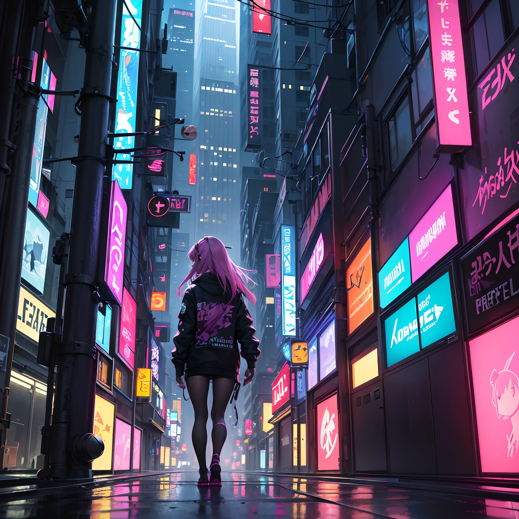 (best quality,4k,8k,highres,masterpiece:1.2),ultra-detailed,(realistic,photorealistic,photo-realistic:1.37),lo-fi girl in a cyberpunk city,lo-fi music vibes,neon lights,retro-futuristic atmosphere,girl wearing headphones,starry night with cyberpunk elements,vibrant colors,anime-style,gritty and dark alleyways,futuristic technology,glowing holograms,vivid cityscape,lo-fi aesthetic,street art,city skyline with flying vehicles,cool and confident expression,pink and purple color tones,shimmering reflections on wet pavement,graffiti walls,drizzle in the air,slight fog in the distance,hidden underground clubs with live performances,hipster coffee shops,retro arcade machines,vinyl records,glitch effect,skyscrapers towering above,billboards displaying advertisements,crowded streets with diverse characters,rainbow-colored umbrellas,thought-provoking street signs and posters,abandoned industrial buildings,tangled cables and wires,smoke rising from manholes,dimly lit windows in skyscrapers,reflection of city lights in puddles,overgrown plants reclaiming the city,enchanted murals,scattered origami paper cranes,futuristic fashion,blurring boundaries between reality and virtual world,hauntingly beautiful electronic music in the background.