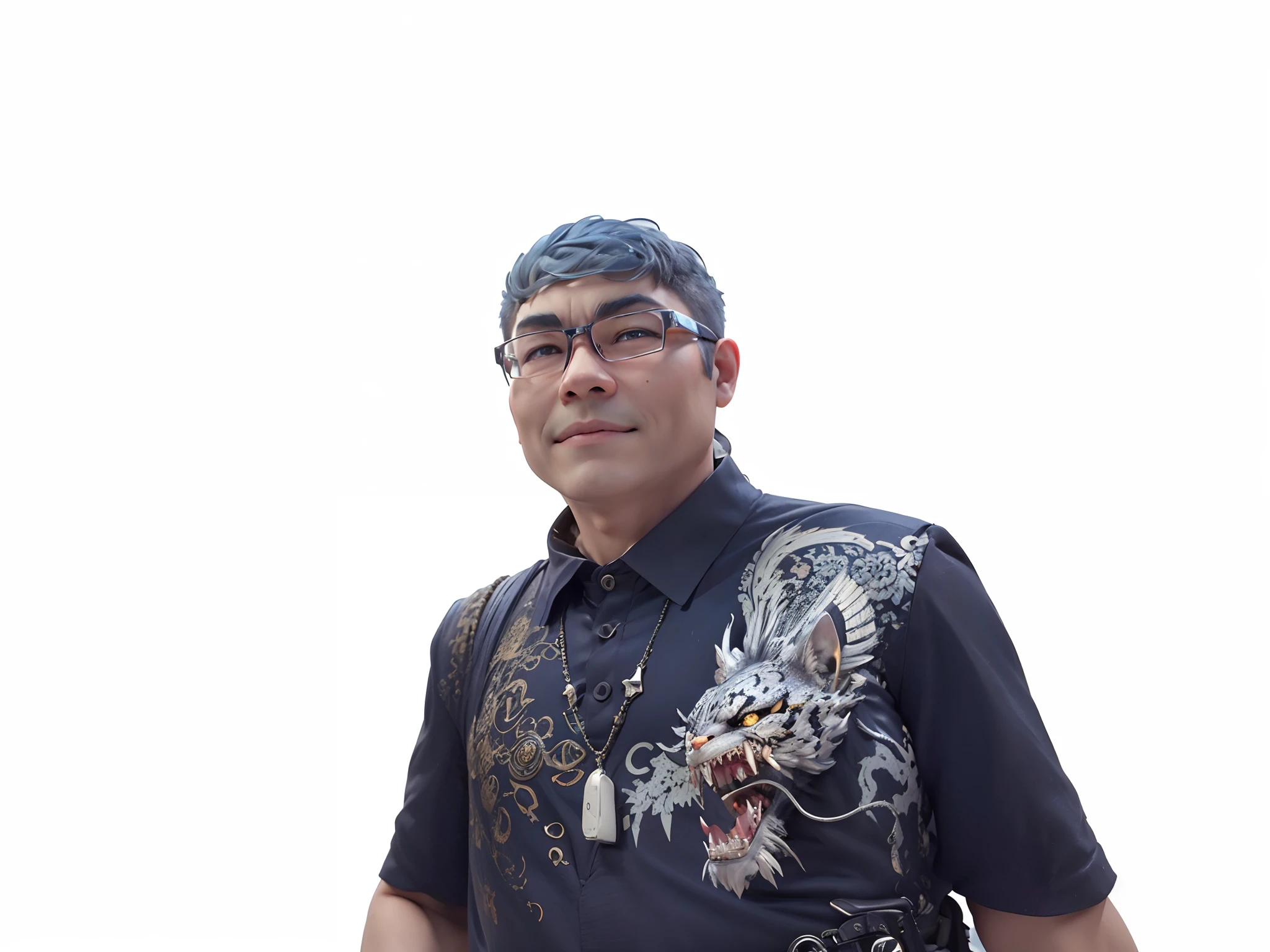 (Masterpiece), (Extreme Quality), (Super Meticulous), (Full Body: 1.2), Super Young Man, Chinese Dragon, Tiger, Wind God Thor, Sexy, Bursting, Oriental Face, TV Anchor, Bust Portrait Illustration, Black Formal Suit, Blue Tie, Slightly Chubby Face, Silver Glasses, Very Clean Face, No Beard on Chin, Black Super Short Hair, Black Eyes, Confident Smile, 3c Computer Sub-Products, iPad, iPhone, Digital Painting, 3D Character Design by Mark Claireden and Pixar and Hayao Miyazaki and Akira Toriyama, The illustration is a high-definition illustration in 4K resolution with very detailed facial features and cartoon-style visuals.