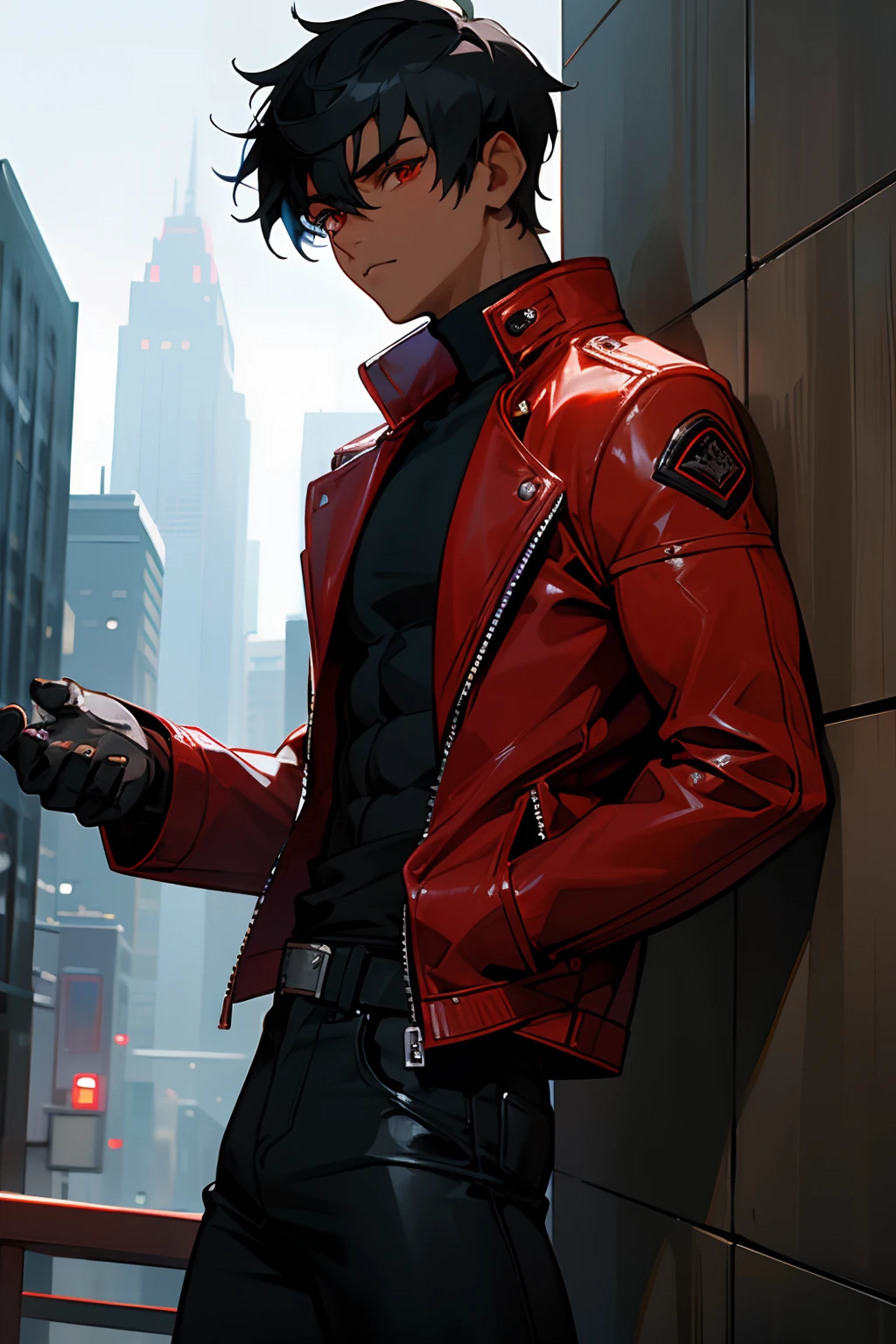 1boy, detailed face, detailed eyes, dark-skinned male, black hair, short hair, red eyes, red jacket, leather jacket, black turtleneck, black jeans, muscular male, outdoors, city