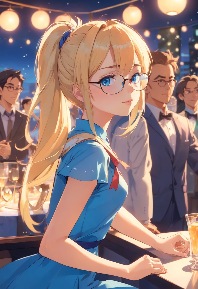 "Young girl, fair complexion, blue eyes, long blonde hair down to her elbows tied in a high ponytail, wears glasses, has a fit or athletic body, and is dressed in an elegant blue dress. She is at a glamorous party, with the other guests blurred to highlight the girl."