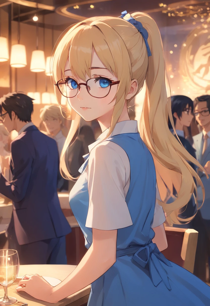 "Young girl, fair complexion, blue eyes, long blonde hair down to her elbows tied in a high ponytail, wears glasses, has a fit or athletic body, and is dressed in an elegant blue dress. She is at a glamorous party, with the other guests blurred to highlight the girl."