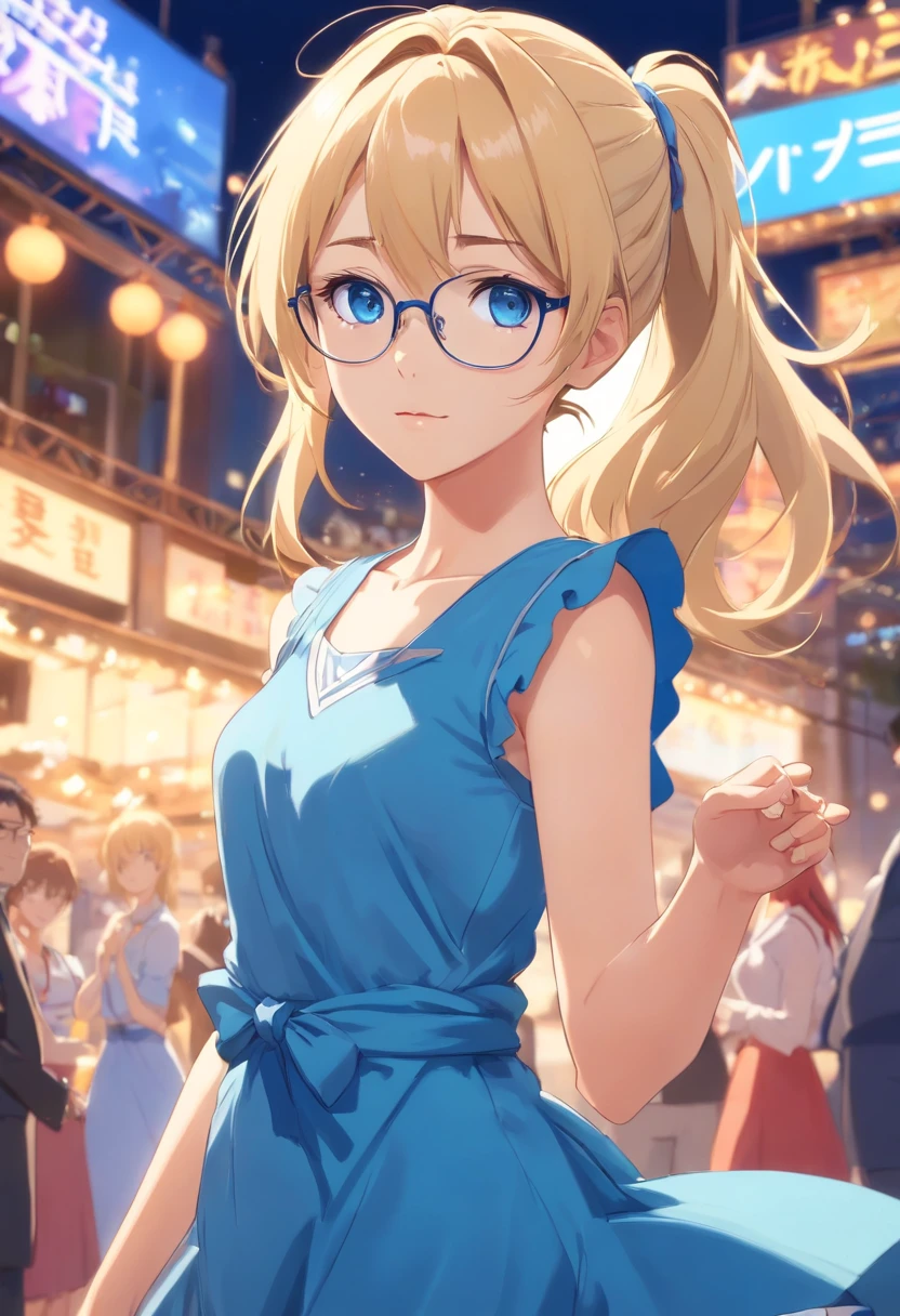 "Young girl, fair complexion, blue eyes, long blonde hair down to her elbows tied in a high ponytail, wears glasses, has a fit or athletic body, and is dressed in an elegant blue dress. She is at a glamorous party, with the other guests blurred to highlight the girl."