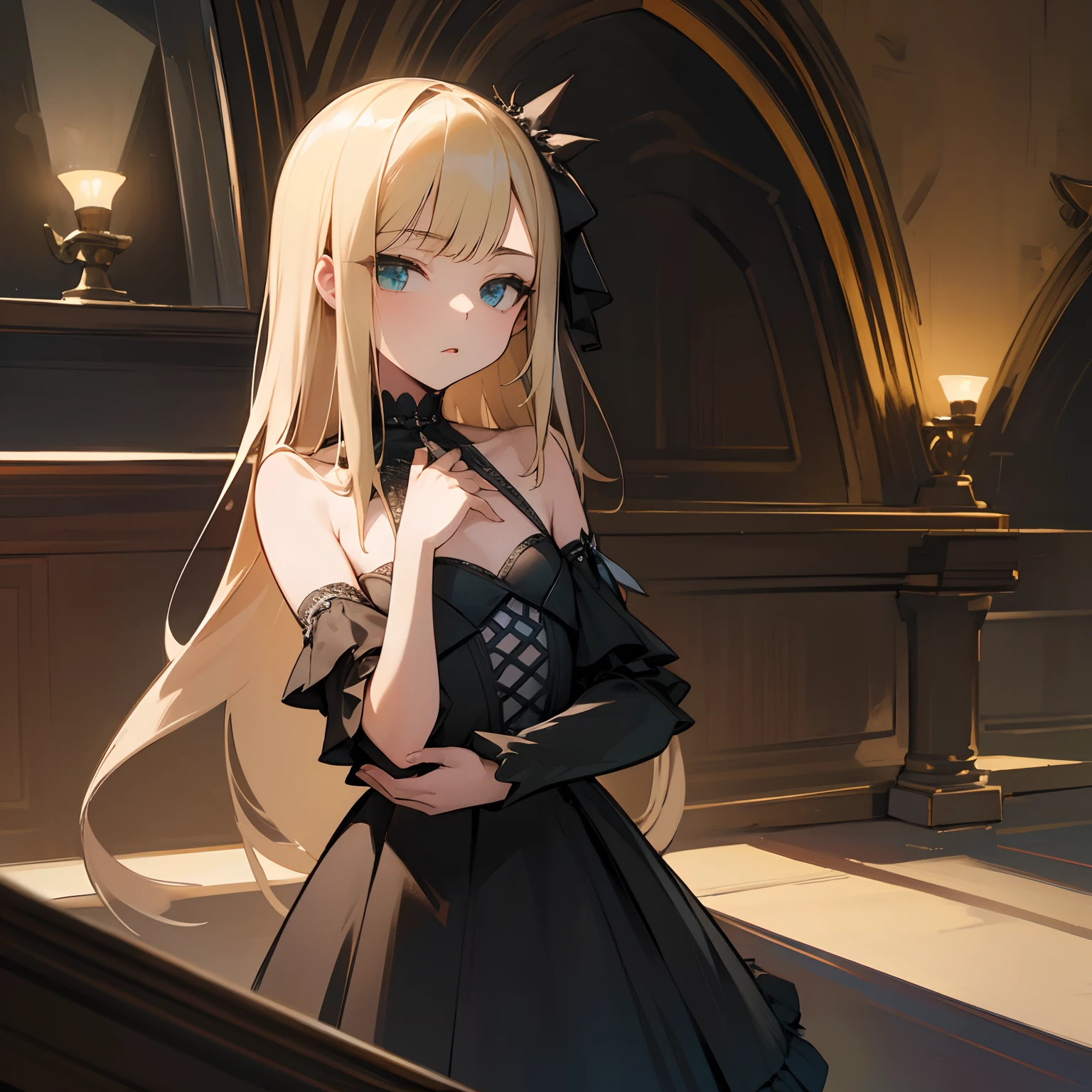 Reines, 1girl, high quality, best quality, illustration, masterpiece, (highly detailed:1.2), (extremely detailed:1.3), flat chest, bare shoulders, gothic ****ta, young girl, dress, looking at viewers, short skirt