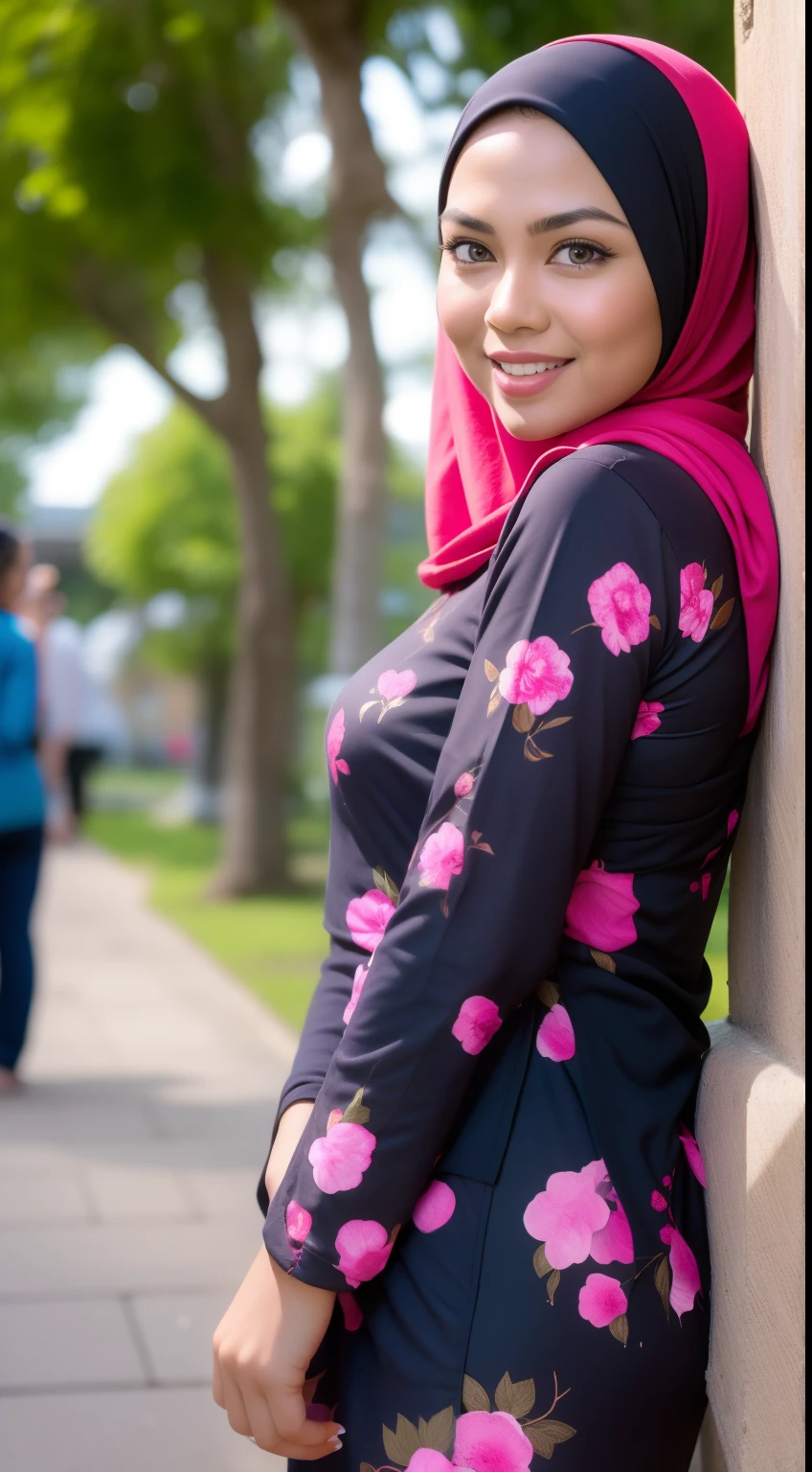 Malay girl wear small floral baju kurung malaysia in college, long golden brown hair, wavy hair, back view, detail skin, detail skin texture, mole below eyes, small breast, big hip, big waist, big round ass, big thigh, slim abs, beautiful body, nighttime, laughing, happy, bright lighting, college student in background, crowded college, blur background, bokeh,