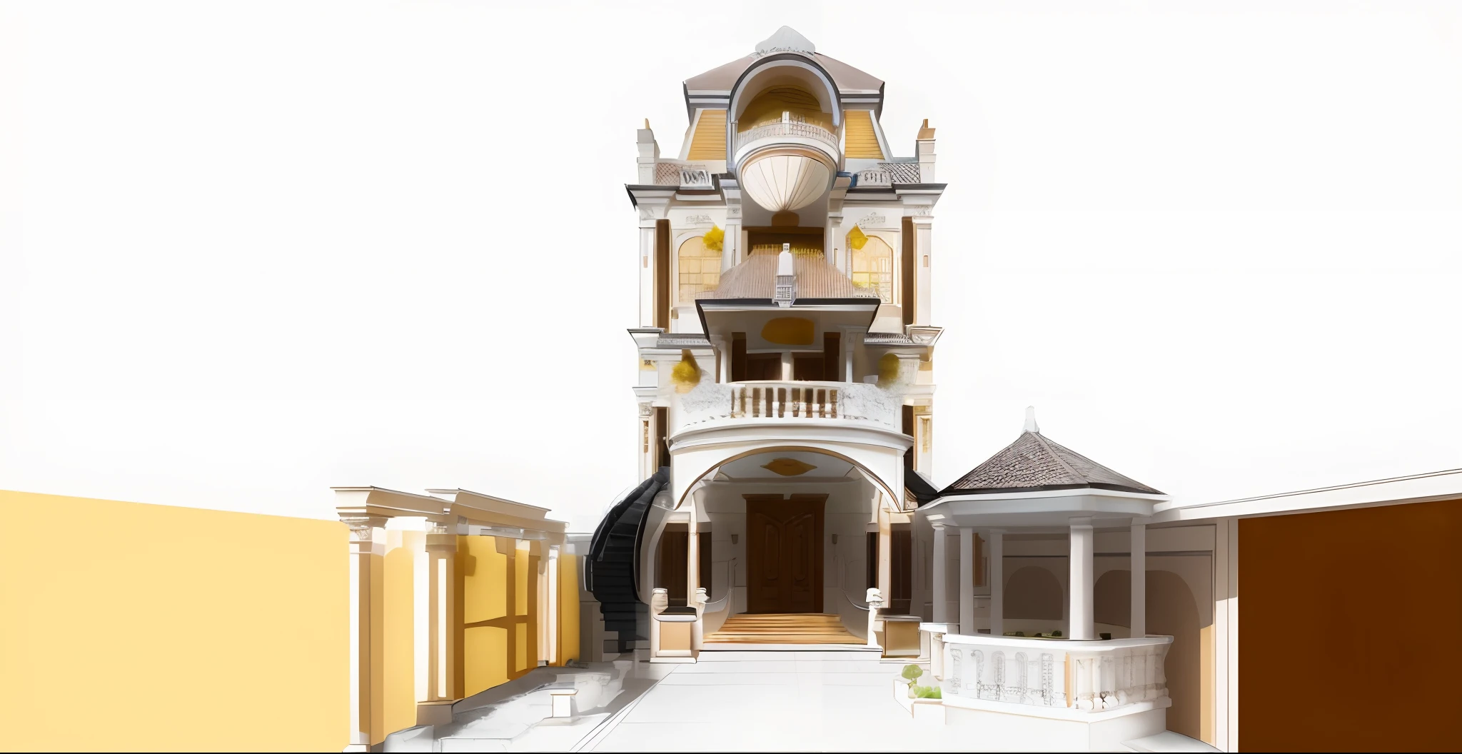 Rendering a neo classic 3-storey house with a land area of 10x30 meters. The house's facade is designed symmetrically, using traditional materials such as brick, stone, and wood. Sophisticated and sophisticated decorative details. The main colors are white, yellow, brown. The garden is spacious and airy, designed with many trees and flowers.