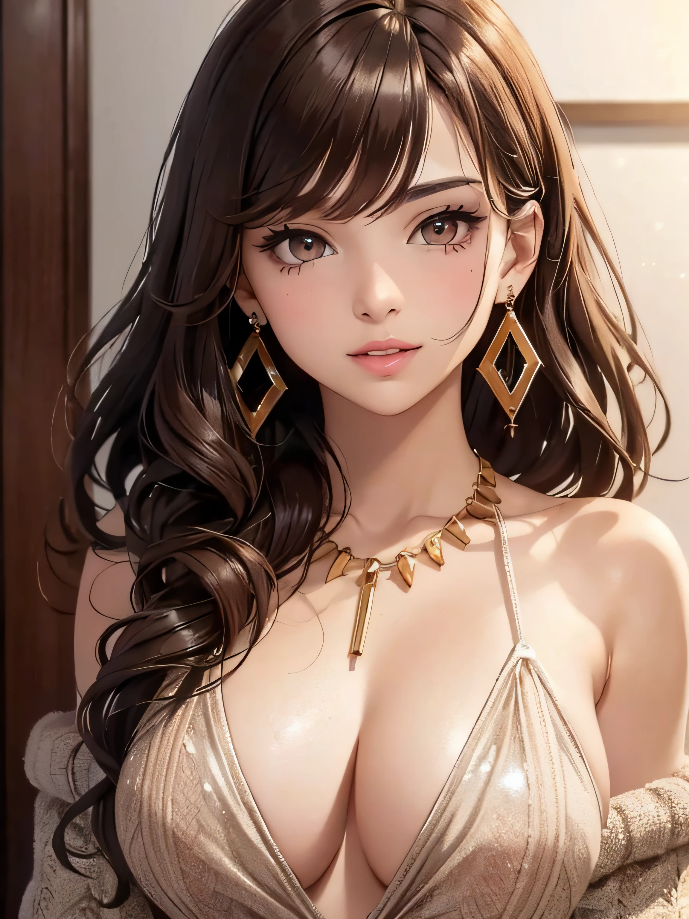 (A photo of the upper body), Beatiful face, Very detailed face and skin texture, (Detailed eyes), Brown eyes, Double eyelids, Thin eyebrows, Glitter eyeliner: 1.2, Natural cheeks, Shiny skin, Light skin, ((winter clothes)), Shiny necklace and earrings, (Shiny lips: 1. 4), (Seductive smile), (20 years old), (Wavy hair, Brown hair, Diagonal bangs), Medium long hair, ((Upper body shot)), ((Focus on chest and face)), Medium large breasts, Upturned Breasts.