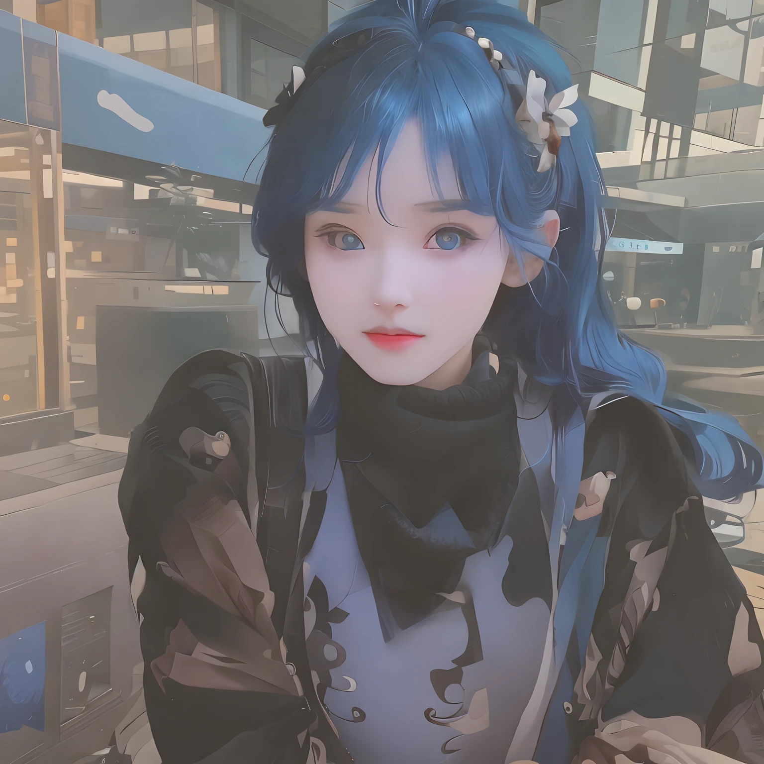 arafed woman with blue eyes and a black scarf sitting on a bench, ulzzang, anime girl in real life, beautiful blue haired girl, white hime cut hairstyle, ((super detailed)), realistic anime 3 d style, anime girl cosplay, with blue and black hair, pretty girl with blue hair, beautiful anime style, artwork in the style of guweiz, trending on cgstation