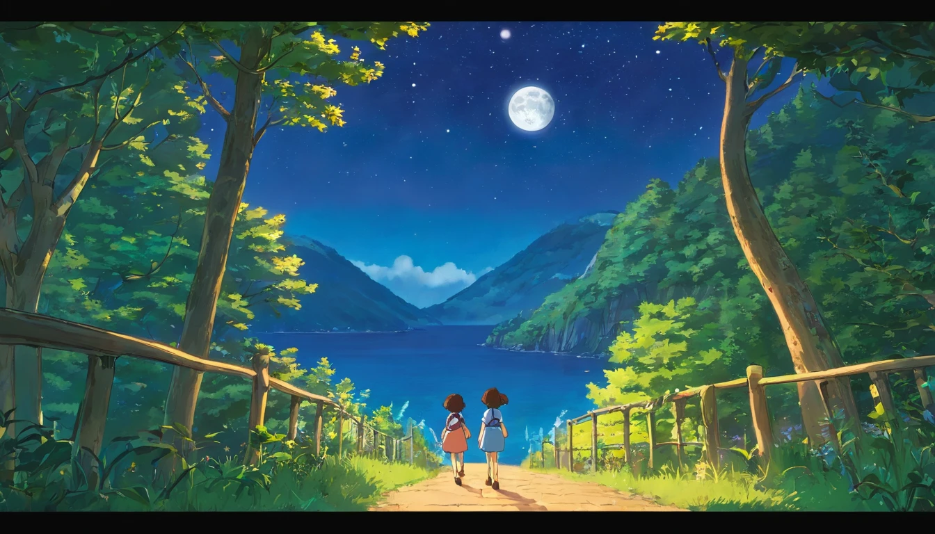 boys and girls crept out of the window,The moon and stars outside the window illuminate a path leading to the forest,a fairy world,anime big breast,miyazaki's animated film,Studio Ghibli animated films,ghibli artstyle