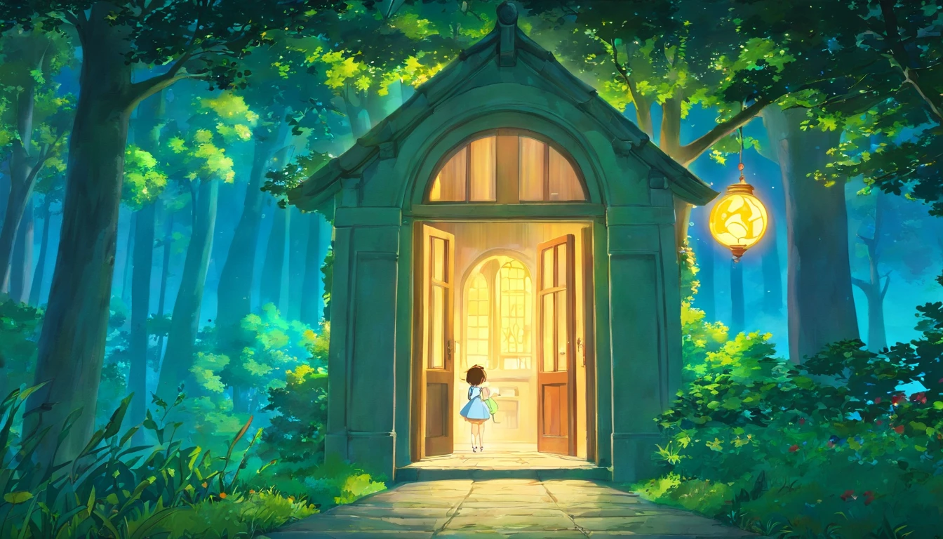 boys and girls crept out of the window,The moon and stars outside the window illuminate a path leading to the forest,a fairy world,anime big breast,miyazaki's animated film,Studio Ghibli animated films,ghibli artstyle