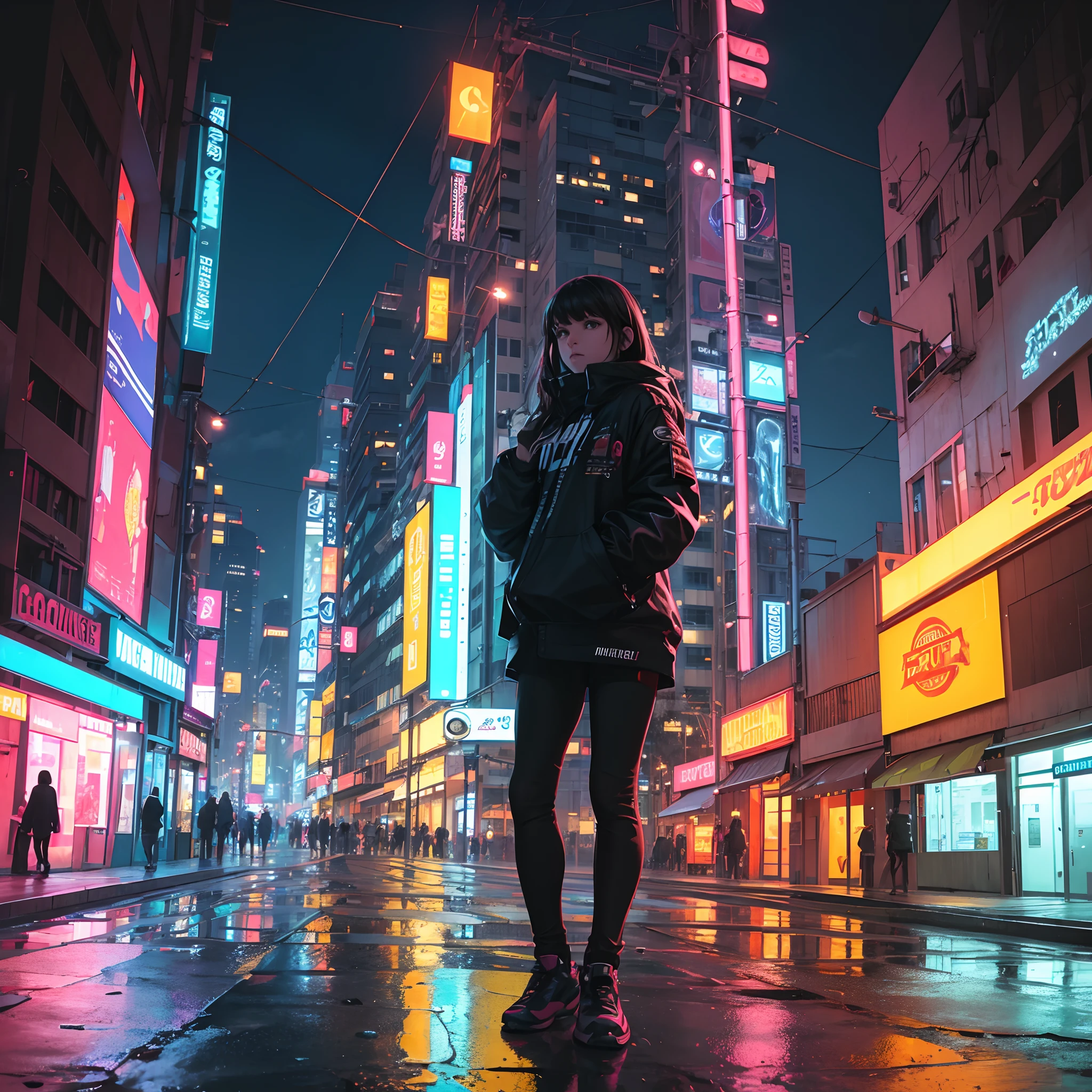 (best quality,4k,8k,Altas,master part:1.2),ultra-detalhado,(Realistic,fotorrealista,photo-realistic:1.37),Lo-Fi Girl em uma cidade cyberpunk,Lo-fi music vibes,neon lights,atmosfera retro-futurista,menina usando fones de ouvido,Noite estrelada com elementos cyberpunk,cores vibrantes,estilo anime,becos arenosos e escuros,Tecnologia futurista,hologramas brilhantes,Vivid cityscape,Lo-Fi Aesthetics,arte de rua,City skyline with flying vehicles,cold and confident expression,tons de cor rosa e roxo,reflexos cintilantes em pavimento molhado,muros de grafite,garoa no ar,Leve nevoeiro ao longe,Hidden underground clubs with live performances,hipster cafes,Retro Arcade Machines,discos de vinil,efeito glitch,skyscrapers towering above,Billboards displaying ads,ruas lotadas com personagens diversos,Colorful umbrellas with rainbow,placas de rua e cartazes instigantes,Derelict industrial buildings,Cabos e fios emaranhados,Smoke coming out of manholes,dimly lit windows in skyscrapers,Reflection of city lights in puddles,plantas supercultivadas recuperando a cidade,Murais Encantados,guindastes de papel origami espalhados,moda futurista,borrar fronteiras entre realidade e mundo virtual,Hauntingly beautiful electronic music in the background.