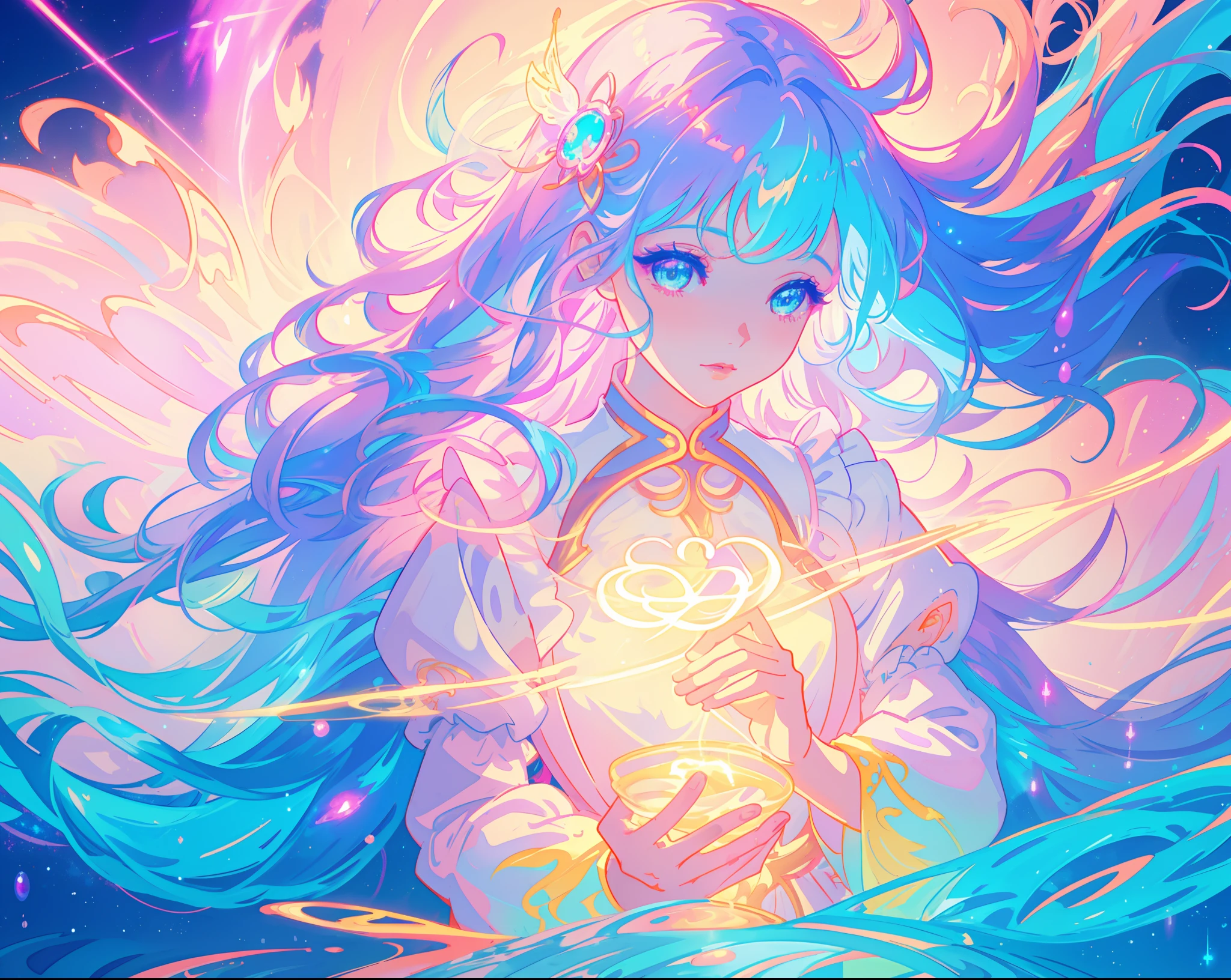 beautiful girl holding a glowing golden light, beautiful anime girl in flowing white dress, vibrant pastel colors, (colorful), pink purple blue theme, magical lights, colorful long hair made of liquid light, sparkling lines of light, inspired by Glen Keane, inspired by Lois van Baarle, disney art style, by Lois van Baarle, glowing aura around her, by Glen Keane, jen bartel, glowing lights! digital painting, flowing glowing hair, glowing flowing hair, beautiful digital illustration, fantasia background, whimsical, magical, fantasy, beautiful face, ((masterpiece, best quality)), intricate details, highly detailed, sharp focus, 8k resolution, sparkling detailed eyes, liquid watercolor