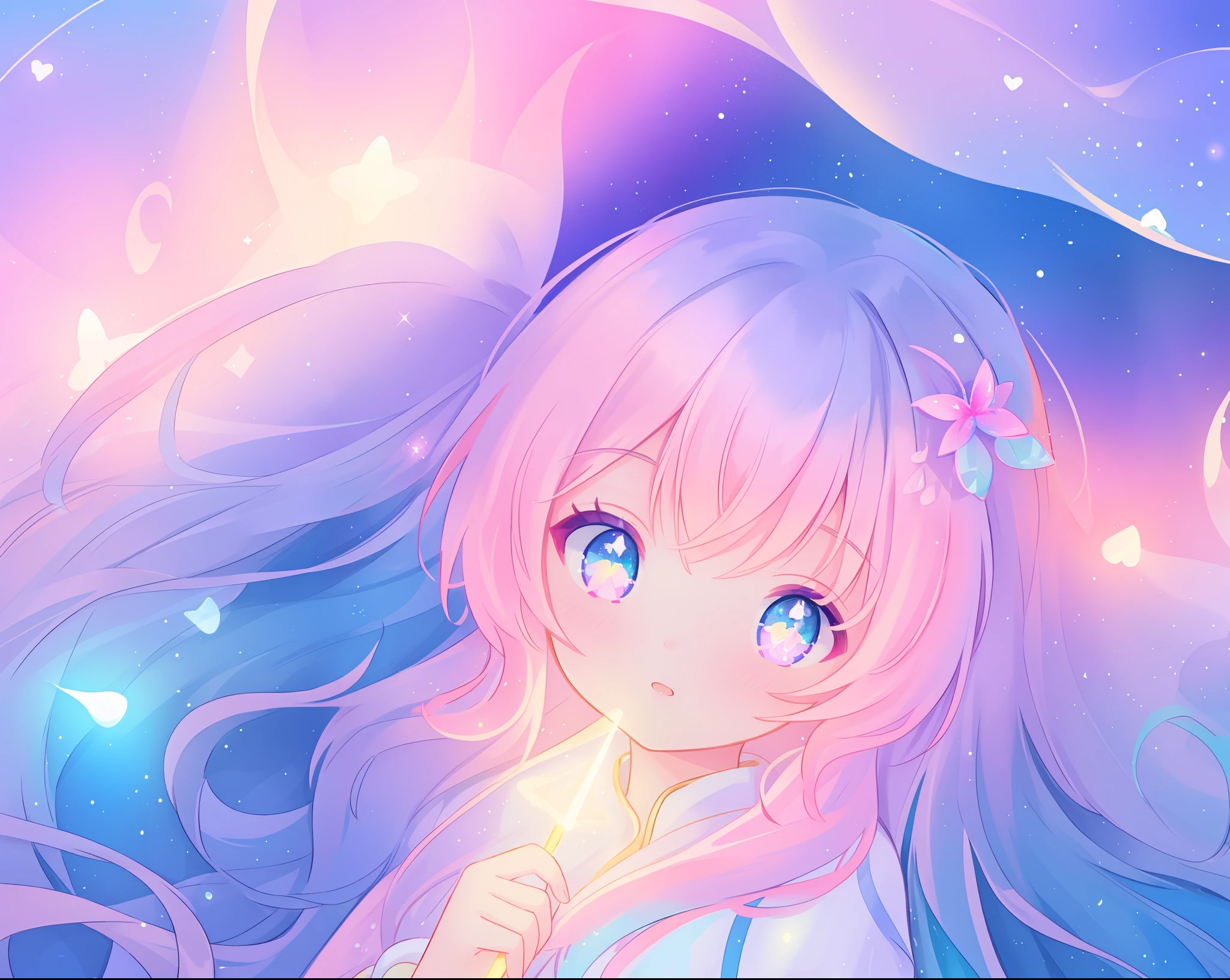 beautiful girl holding a glowing golden light, beautiful anime girl in flowing white dress, vibrant pastel colors, (colorful), pink purple blue theme, magical lights, colorful long hair made of liquid light, sparkling lines of light, inspired by Glen Keane, inspired by Lois van Baarle, disney art style, by Lois van Baarle, glowing aura around her, by Glen Keane, jen bartel, glowing lights! digital painting, flowing glowing hair, glowing flowing hair, beautiful digital illustration, fantasia background, whimsical, magical, fantasy, beautiful face, ((masterpiece, best quality)), intricate details, highly detailed, sharp focus, 8k resolution, sparkling detailed eyes, liquid watercolor
