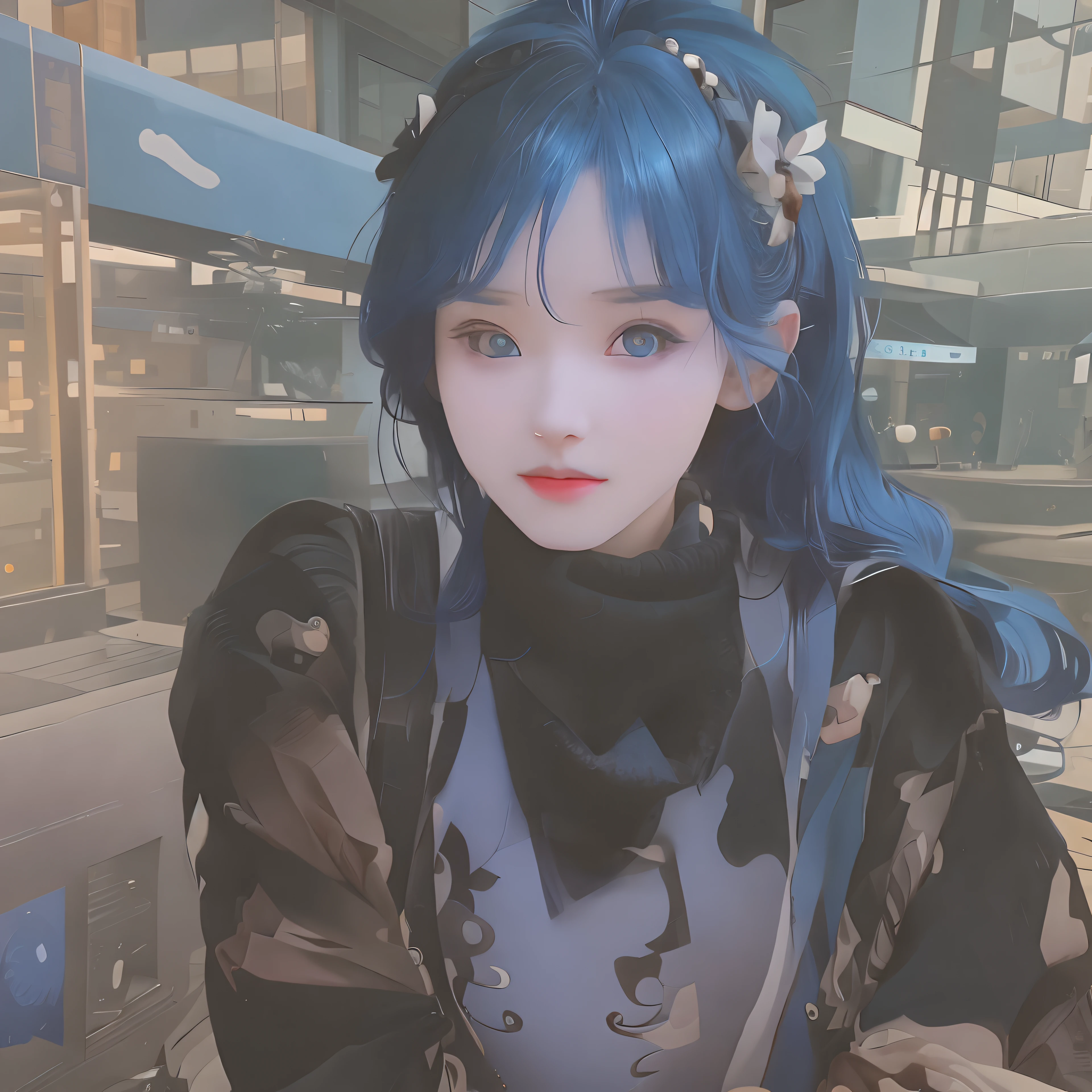 arafed woman with blue eyes and a black scarf sitting on a bench, ulzzang, anime girl in real life, beautiful blue haired girl, white hime cut hairstyle, ((super detailed)), realistic anime 3 d style, anime girl cosplay, with blue and black hair, pretty girl with blue hair, beautiful anime style, artwork in the style of guweiz, trending on cgstation