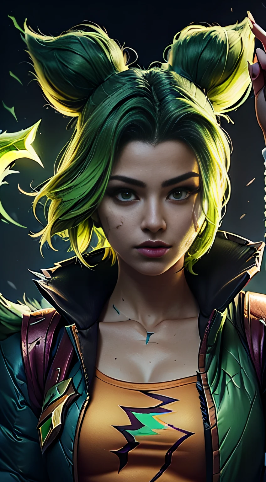 (masterpiece, ultra quality, high resolution, 8k, intricate: 1.2), (zeri, from league of legends:1.6), (wearing puffy jacket, teal color, low cut vest, down her shoulders, long sleeves:1.2), (green hair, lime green hair:1.4), (full body, anatomic:1.2), (green, sparkle surrounding her body, detailed body, detailed clothes, green thunder effect:1.2), (beautiful face, detailed face, cross form bandage on her left cheek:1.2)