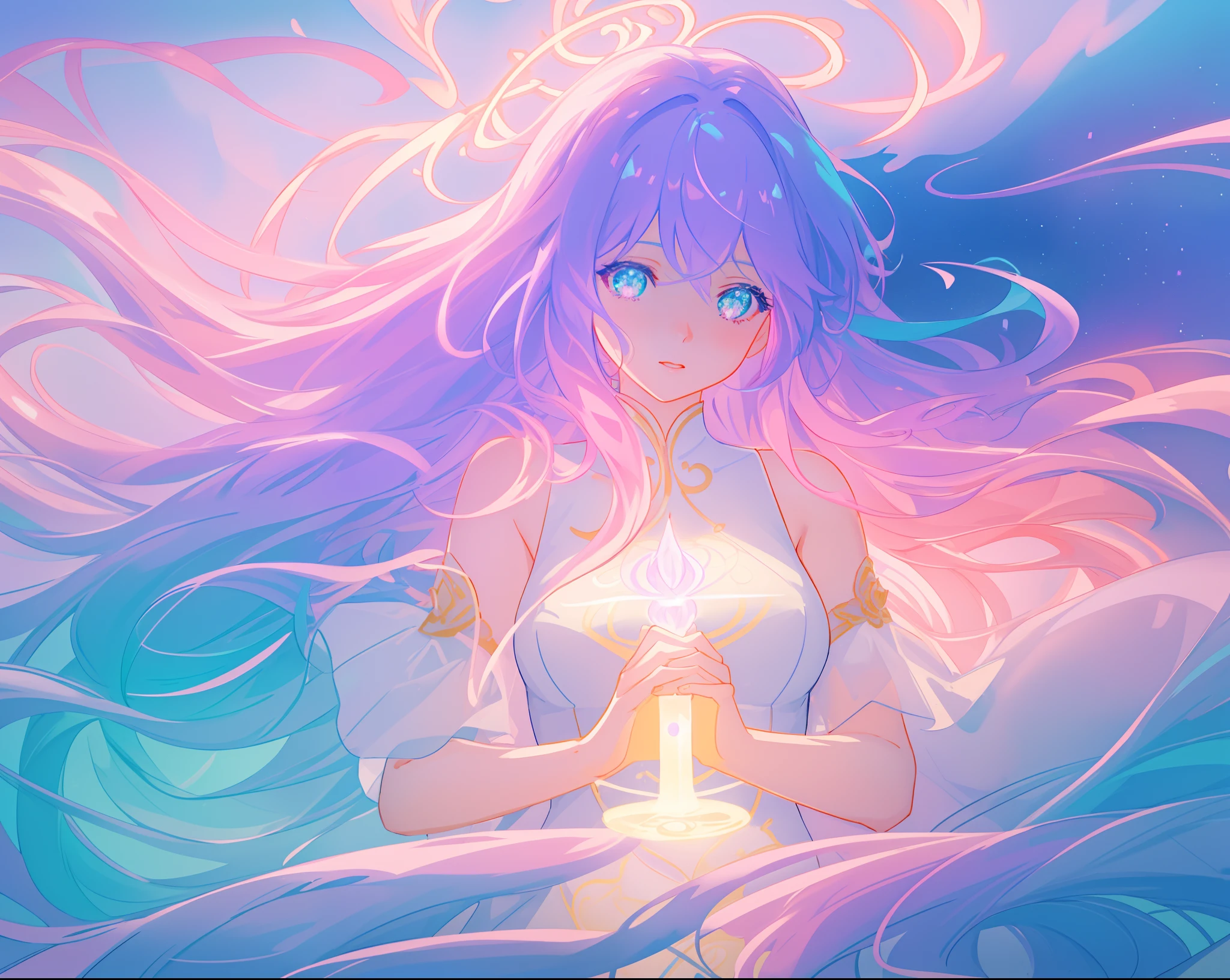 beautiful girl holding a glowing golden light, beautiful anime girl in flowing white dress, vibrant pastel colors, (colorful), pink purple blue theme, magical lights, colorful long hair made of liquid light, sparkling lines of light, inspired by Glen Keane, inspired by Lois van Baarle, disney art style, by Lois van Baarle, glowing aura around her, by Glen Keane, jen bartel, glowing lights! digital painting, flowing glowing hair, glowing flowing hair, beautiful digital illustration, fantasia background, whimsical, magical, fantasy, beautiful face, ((masterpiece, best quality)), intricate details, highly detailed, sharp focus, 8k resolution, sparkling detailed eyes, liquid watercolor