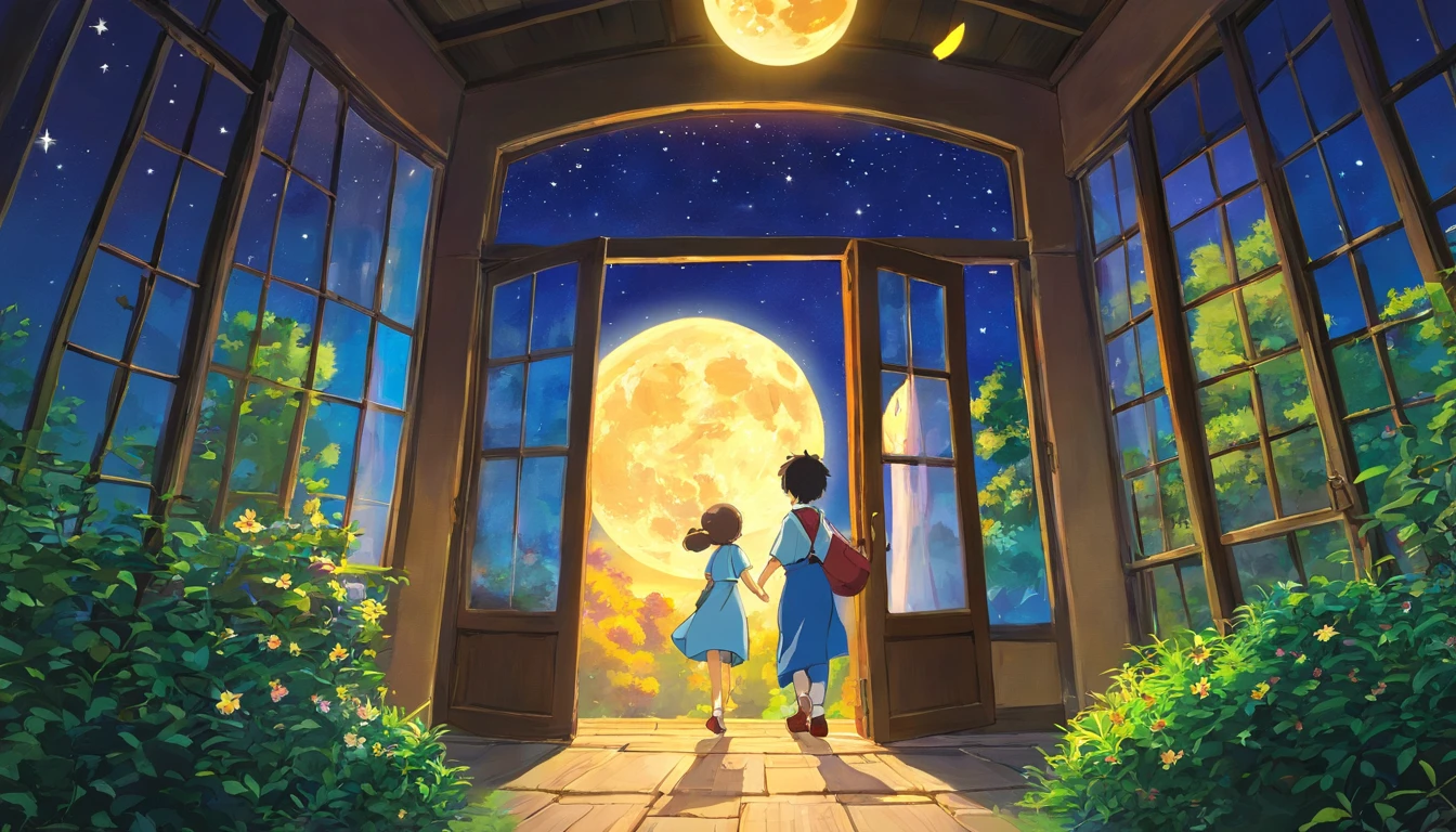 A boy and a girl crept out of the window，The moon and stars outside the window illuminate a path leading to the forest，a fairy world，anime big breast，miyazaki's animated film，Studio Ghibli animated films，ghibli artstyle