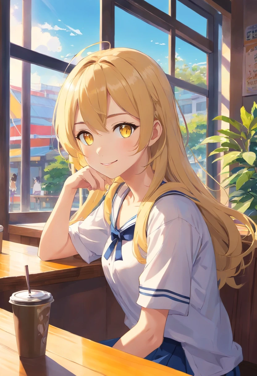 "Young girl, fair complexion, yellow eyes, long and wavy blonde hair, her body is slightly muscular, she has a friendly smile, wearing a classic Japanese high school gal outfit from an anime. She is sitting in a cafe by the window, having a coffee. Blur the background to emphasize the girl."
