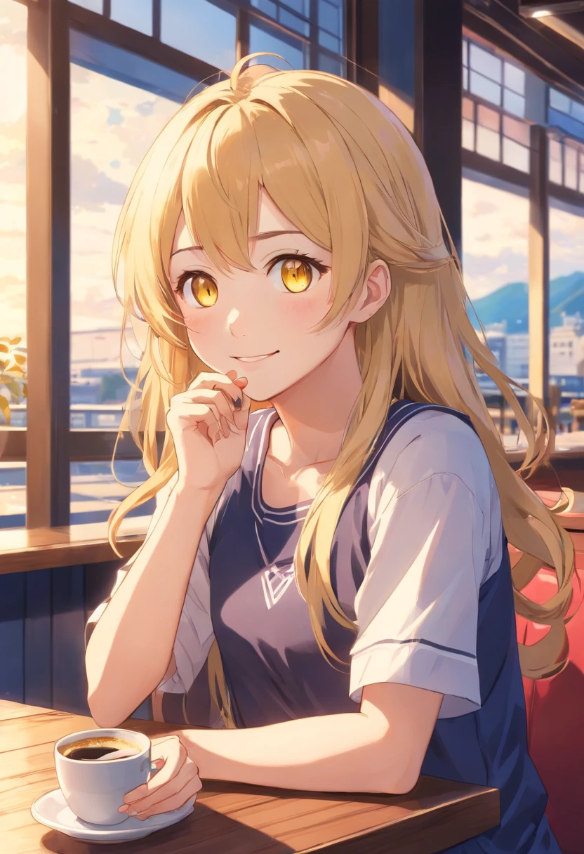 "Young girl, fair complexion, yellow eyes, long and wavy blonde hair, her body is slightly muscular, she has a friendly smile, wearing a classic Japanese high school gal outfit from an anime. She is sitting in a cafe by the window, having a coffee. Blur the background to emphasize the girl."