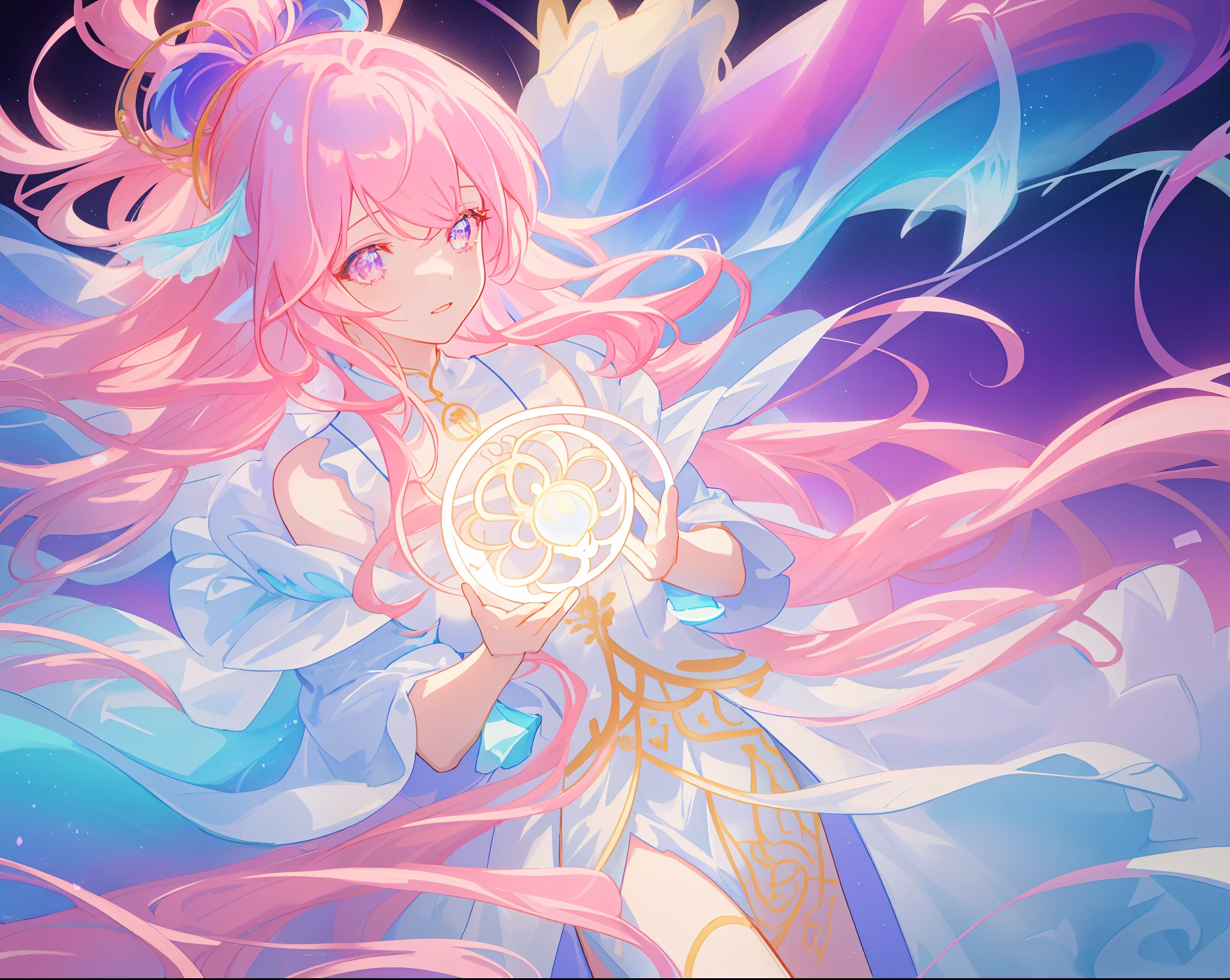 beautiful girl holding a glowing golden light, beautiful anime girl in flowing white dress, vibrant pastel colors, (colorful), pink purple blue theme, magical lights, colorful long hair made of liquid light, sparkling lines of light, inspired by Glen Keane, inspired by Lois van Baarle, disney art style, by Lois van Baarle, glowing aura around her, by Glen Keane, jen bartel, glowing lights! digital painting, flowing glowing hair, glowing flowing hair, beautiful digital illustration, fantasia background, whimsical, magical, fantasy, beautiful face, ((masterpiece, best quality)), intricate details, highly detailed, sharp focus, 8k resolution, sparkling detailed eyes, liquid watercolor