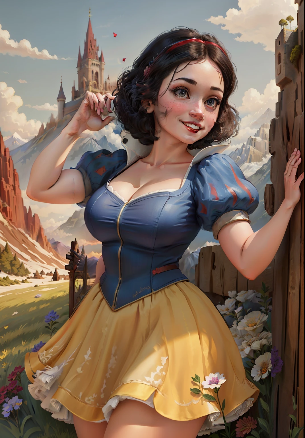 (SnowPrincessw:1), 1girl, smile, :D, sexy, looking at viewer, (dress, puffy short sleeves, skirt:1.2), from below, magic, (sexy pose:1.2), (big breasts), cleavage, curvy, big eyes, ((cute)), thick thighs, low cut top

(realistic:1.2), (realism), (masterpiece:1.2), (best quality), (ultra detailed), (8k, 4k, intricate),(full-body-shot:1),(Cowboy-shot:1.2), (85mm),light particles, lighting, (highly detailed:1.2),(detailed face:1.2), (gradients), colorful, (detailed eyes:1),

(detailed ladscape, castle, fild, grass, mountains, flowers:1.2), (sky, clouds:1.2),(detailed background),detailed landscape, (dynamic angle:1.2), (dynamic pose:1.2), (rule of third_composition:1.3), (Line of action:1.2), wide shot, daylight, solo,