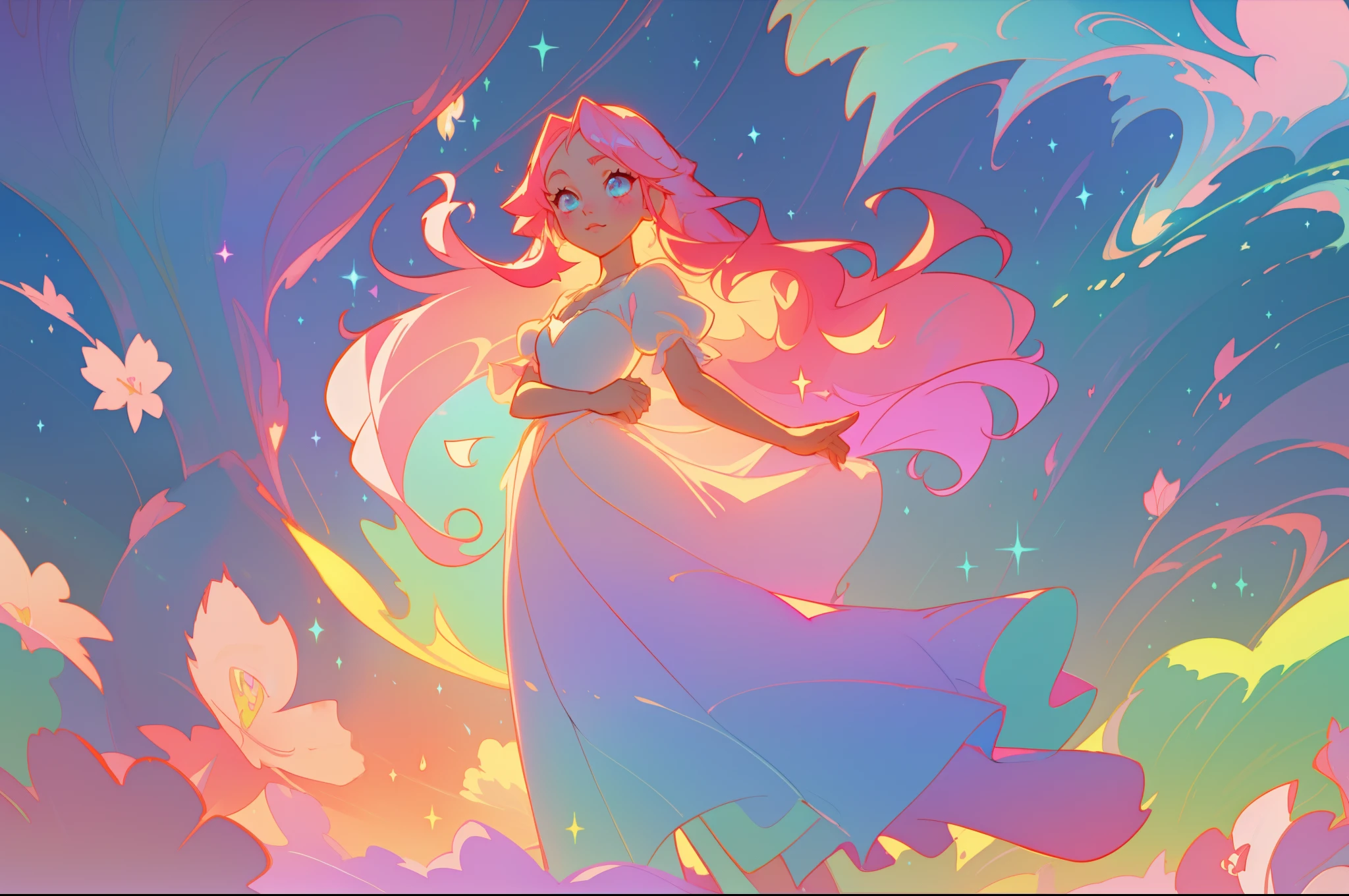 beautiful anime girl in white princess ballgown, vibrant pastel colors, (colorful), magical lights, flowing long red hair, sparkling lines of light, inspired by Glen Keane, inspired by Lois van Baarle, disney art style, by Lois van Baarle, glowing aura around her, by Glen Keane, jen bartel, glowing lights! digital painting, flowing glowing hair, glowing flowing hair, beautiful digital illustration, fantasia background, whimsical, magical, fantasy, beautiful face, ((masterpiece, best quality)), intricate details, highly detailed, sharp focus, 8k resolution, sparkling detailed eyes, liquid watercolor, otherworldly plants and landscape, colorful landscape, colorful plants