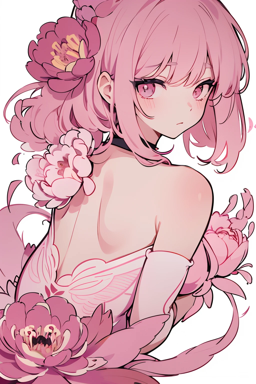 japanese style pink peony tattoo design with thick vector style outlines, on a white background, decorated with leaves