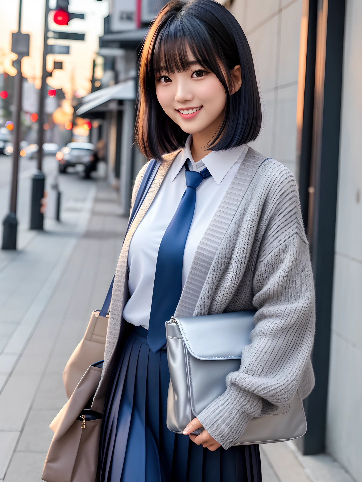 product quality, 1girl, upper body shot, front view, a Japanese young pretty woman, medium bob hair, walking with a big smile on a crowded sidewalk in the sunset, carrying a school bag over her shoulder, glamorous figure, wearing a long length gray knitted cardigan over a white collared silky shirt with shiny satin dark blue plain long tie, wearing a dark blue pleated long skirt, hyper cute face, glossy lips, double eyelids in both eyes, natural makeup, long eyelashes, shiny smooth light brown medium bob hair, asymmetrical bangs, a tanned skin, central image, high resolution, high detail, detailed hairstyle, detailed face, spectacular cinematic lighting, octane rendering, vibrant, hyper realistic, perfect limbs, perfect anatomy