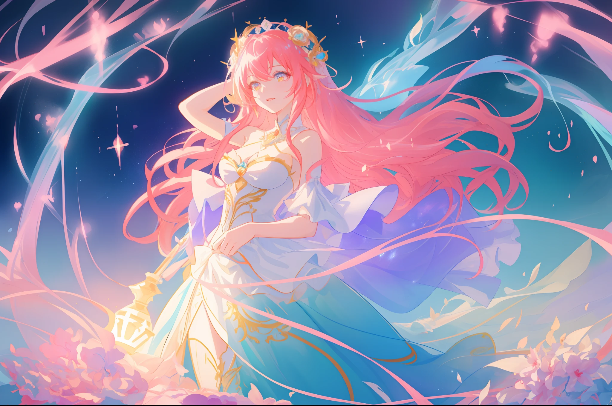 beautiful anime girl in white princess ballgown, vibrant pastel colors, (colorful), magical lights, flowing long red hair, sparkling lines of light, inspired by Glen Keane, inspired by Lois van Baarle, disney art style, by Lois van Baarle, glowing aura around her, by Glen Keane, jen bartel, glowing lights! digital painting, flowing glowing hair, glowing flowing hair, beautiful digital illustration, fantasia background, whimsical, magical, fantasy, beautiful face, ((masterpiece, best quality)), intricate details, highly detailed, sharp focus, 8k resolution, sparkling detailed eyes, liquid watercolor, otherworldly plants and landscape, colorful landscape, colorful plants