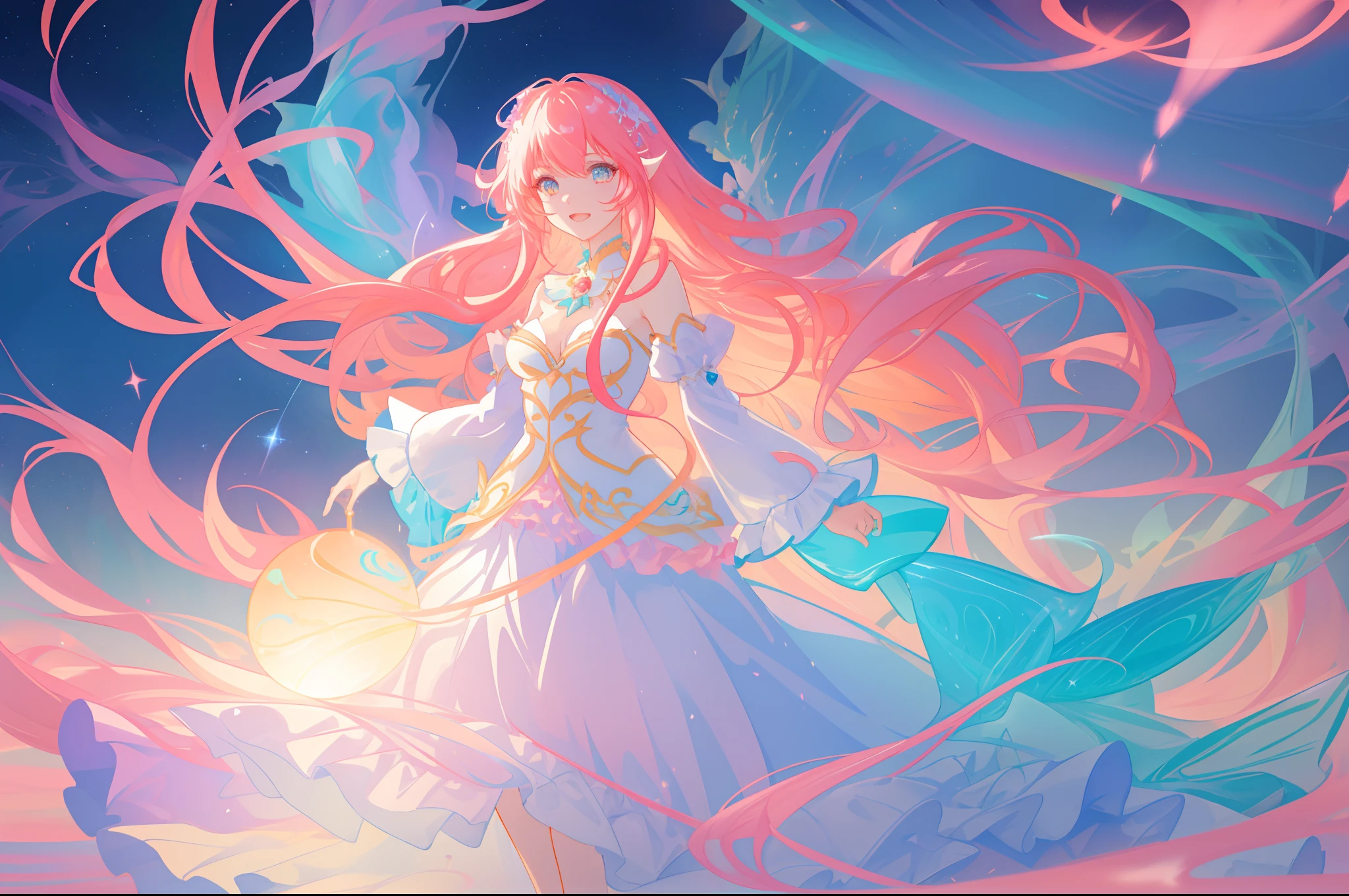 beautiful anime girl in white princess ballgown, vibrant pastel colors, (colorful), magical lights, flowing long red hair, sparkling lines of light, inspired by Glen Keane, inspired by Lois van Baarle, disney art style, by Lois van Baarle, glowing aura around her, by Glen Keane, jen bartel, glowing lights! digital painting, flowing glowing hair, glowing flowing hair, beautiful digital illustration, fantasia background, whimsical, magical, fantasy, beautiful face, ((masterpiece, best quality)), intricate details, highly detailed, sharp focus, 8k resolution, sparkling detailed eyes, liquid watercolor, otherworldly plants and landscape, colorful landscape, colorful plants