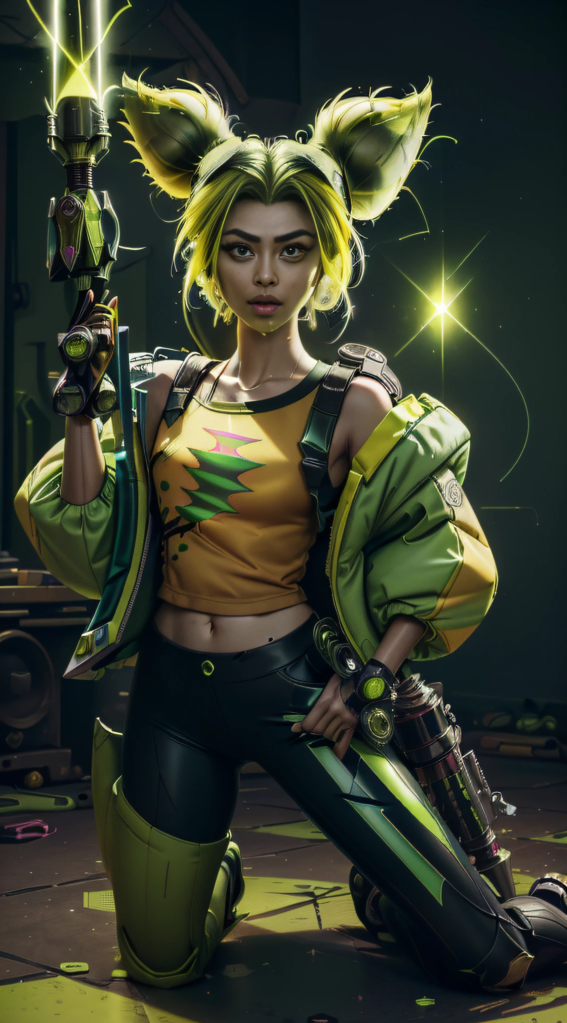 (masterpiece, ultra quality, high resolution, 8k, intricate: 1.2), (zeri, from league of legends:1.6), (wearing Midnight Green colored puffy jacket down her shoulders, hex color #134B5F, low cut jacket, long sleeves jacket:1.2), (green hair, lime green hair:1.4), (full body picture, anatomic, weapon hand sign with lime green sparkles:1.3), (green, sparkle surrounding her body, detailed body, detailed clothes, green sparkles effect around her arms, orange t-shirt, green lightning logo printed in the middle of her t-shirt, wearning rollers:1.2), (beautiful face, detailed face, cross form bandage on her left cheek, lime green eyes:1.2)