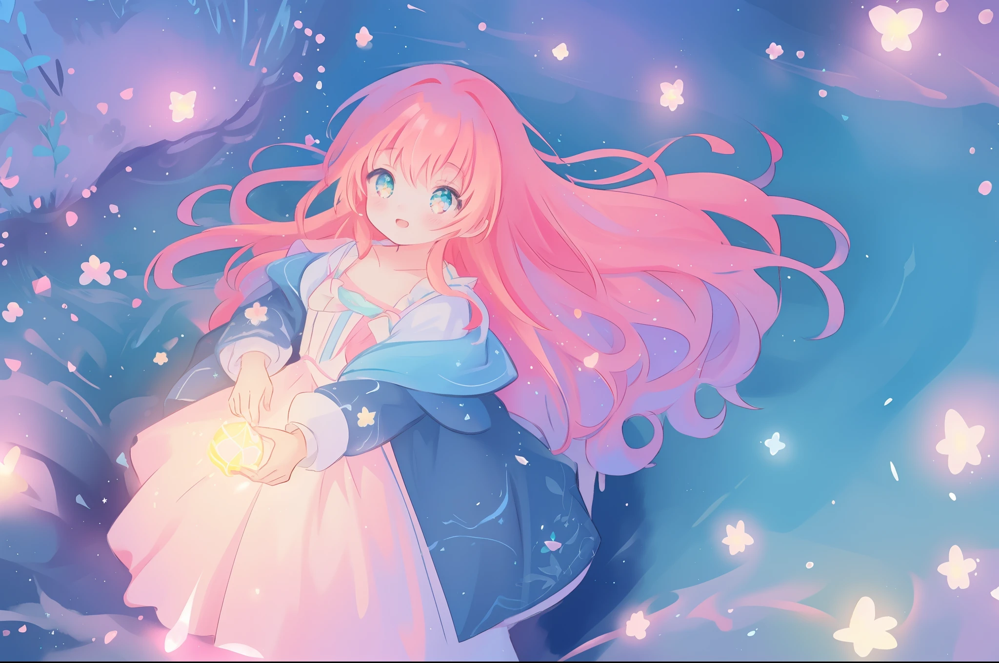 beautiful anime girl in white princess ballgown, vibrant pastel colors, (colorful), magical lights, flowing long red hair, sparkling lines of light, inspired by Glen Keane, inspired by Lois van Baarle, disney art style, by Lois van Baarle, glowing aura around her, by Glen Keane, jen bartel, glowing lights! digital painting, flowing glowing hair, glowing flowing hair, beautiful digital illustration, fantasia background, whimsical, magical, fantasy, beautiful face, ((masterpiece, best quality)), intricate details, highly detailed, sharp focus, 8k resolution, sparkling detailed eyes, liquid watercolor, otherworldly plants and landscape, colorful landscape, colorful plants