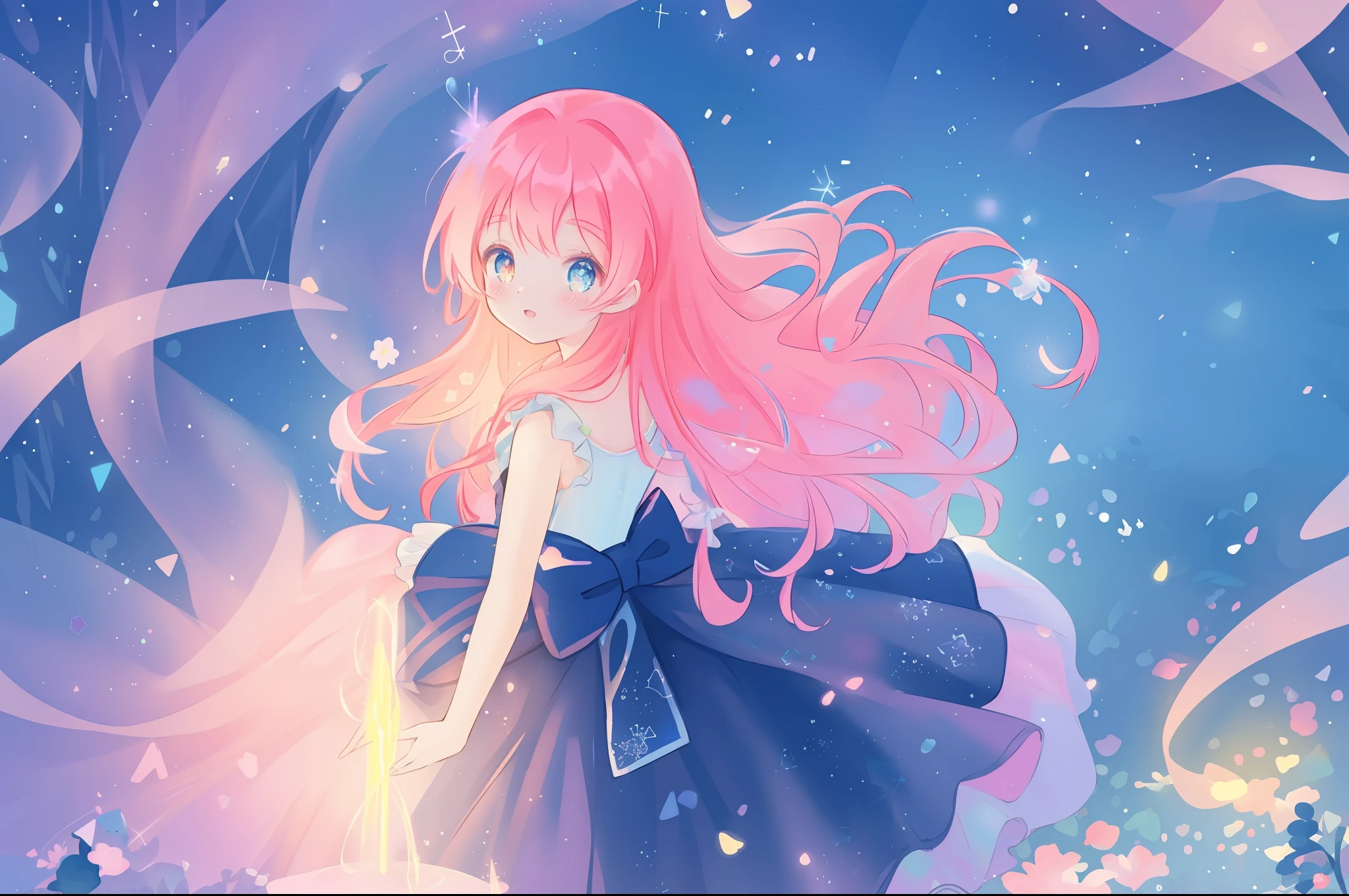 beautiful anime girl in white princess ballgown, vibrant pastel colors, (colorful), magical lights, flowing long red hair, sparkling lines of light, inspired by Glen Keane, inspired by Lois van Baarle, disney art style, by Lois van Baarle, glowing aura around her, by Glen Keane, jen bartel, glowing lights! digital painting, flowing glowing hair, glowing flowing hair, beautiful digital illustration, fantasia background, whimsical, magical, fantasy, beautiful face, ((masterpiece, best quality)), intricate details, highly detailed, sharp focus, 8k resolution, sparkling detailed eyes, liquid watercolor, otherworldly plants and landscape, colorful landscape, colorful plants