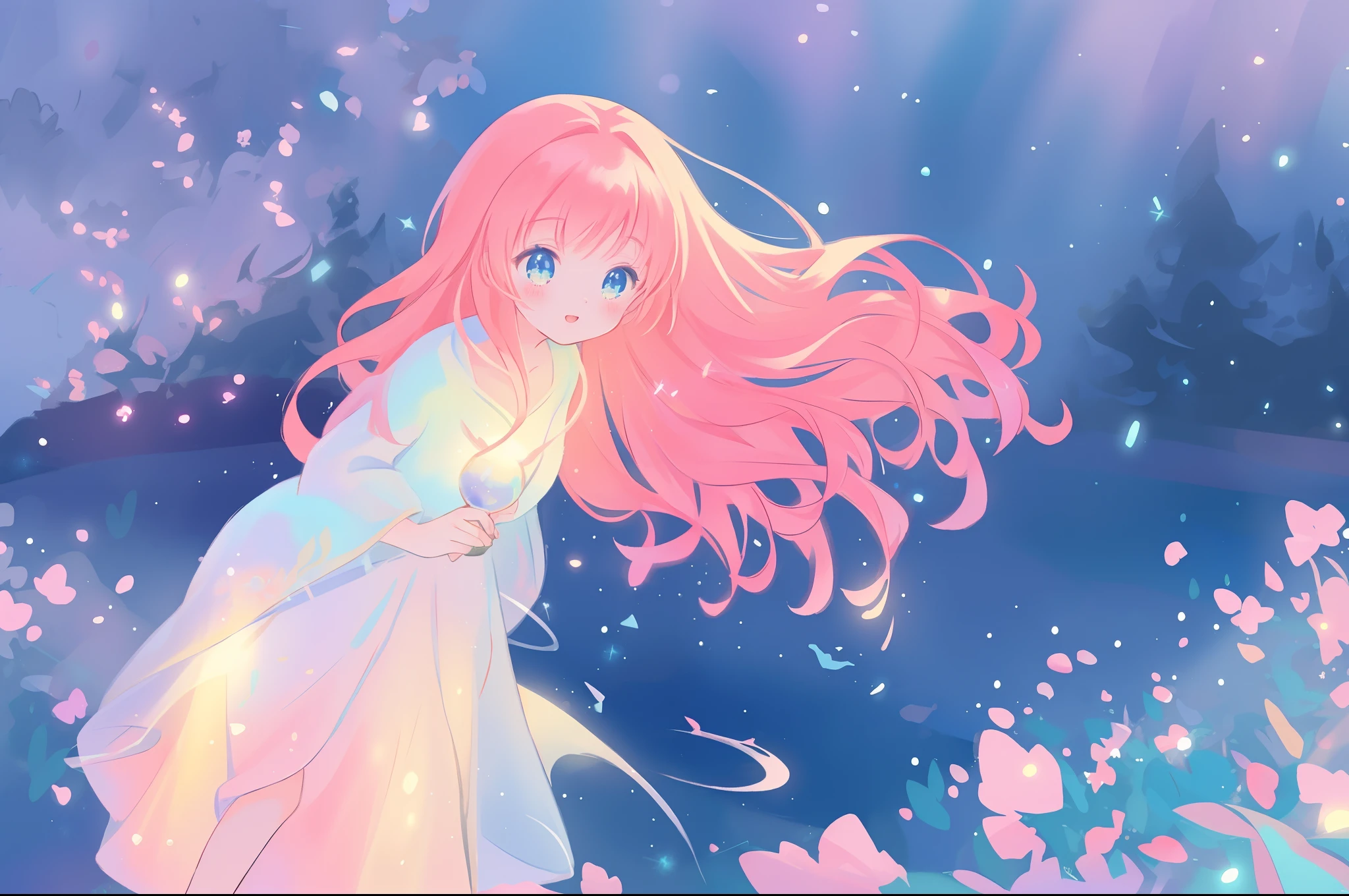 beautiful anime girl in white princess ballgown, vibrant pastel colors, (colorful), magical lights, flowing long red hair, sparkling lines of light, inspired by Glen Keane, inspired by Lois van Baarle, disney art style, by Lois van Baarle, glowing aura around her, by Glen Keane, jen bartel, glowing lights! digital painting, flowing glowing hair, glowing flowing hair, beautiful digital illustration, fantasia background, whimsical, magical, fantasy, beautiful face, ((masterpiece, best quality)), intricate details, highly detailed, sharp focus, 8k resolution, sparkling detailed eyes, liquid watercolor, otherworldly plants and landscape, colorful landscape, colorful plants