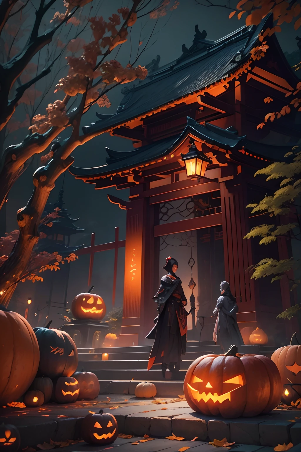 Futuristic scenario, Japanese mechanical reinforcement、Elegance in a sophisticated garden.. Halloween decorations in and around the Night City. The scene is a blend of illustration and photorealism, Ultra-delicate brushstrokes and clarity, Vivid colors. Light art of the highest quality, 4K or 8K resolution, nightcity、The complex atmosphere of Halloween,The overall color scheme is、It is a combination of traditional Japanese tones, Crimson, etc. and subtle gold accents, With a futuristic twist. The fusion of ancient tradition and modern technology is、Create masterpieces that are engaging and visually eye-catching.Halloween、Halloween、pumpkins、Background Halloween、mischievous look、Evil face、Suspicious smile,complete face