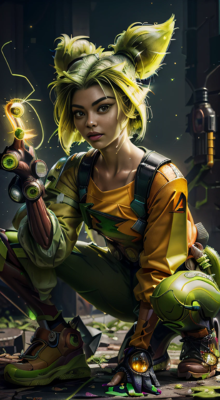 (masterpiece, ultra quality, high resolution, 8k, intricate: 1.2), (zeri, from league of legends:1.6), (green hair, lime green hair:1.4),(beautiful face, detailed face, cross form bandage on her left cheek, lime green eyes:1.2), (full body picture, anatomic, weapon hand sign with lime green sparkles, tan skin:1.3), (wearing tale colored puffy jacket down her shoulders, low cut jacket, long sleeves jacket, fingerless gloves:1.2), (green sparkle surrounding her body, detailed body, detailed clothes, green sparkles effect around her arms, orange t-shirt, green lightning logo printed in the middle of her t-shirt, wearning rollers:1.2)