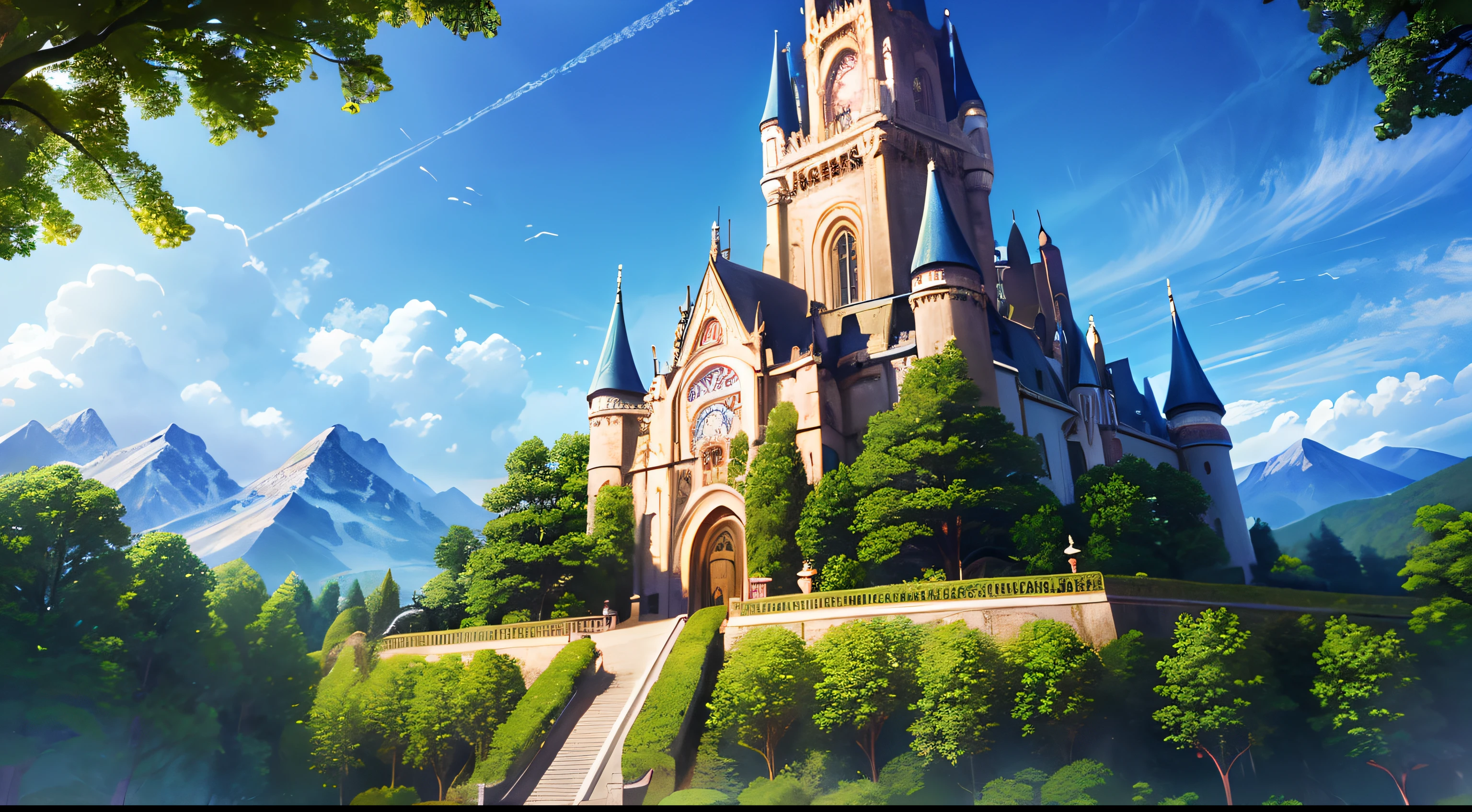 (best quality, 4k, 8k, high resolution, masterpiece: 1.2), ultra-detailed, enchanted castle, forest kingdom, vibrant colors, stunning landscape, ancient trees, majestic mountains, mythical creatures, elaborate details, imposing towers, medieval,kingdom,ivy covered castle walls,magical garden,blooming flowers,blue skies,enchanted beauty