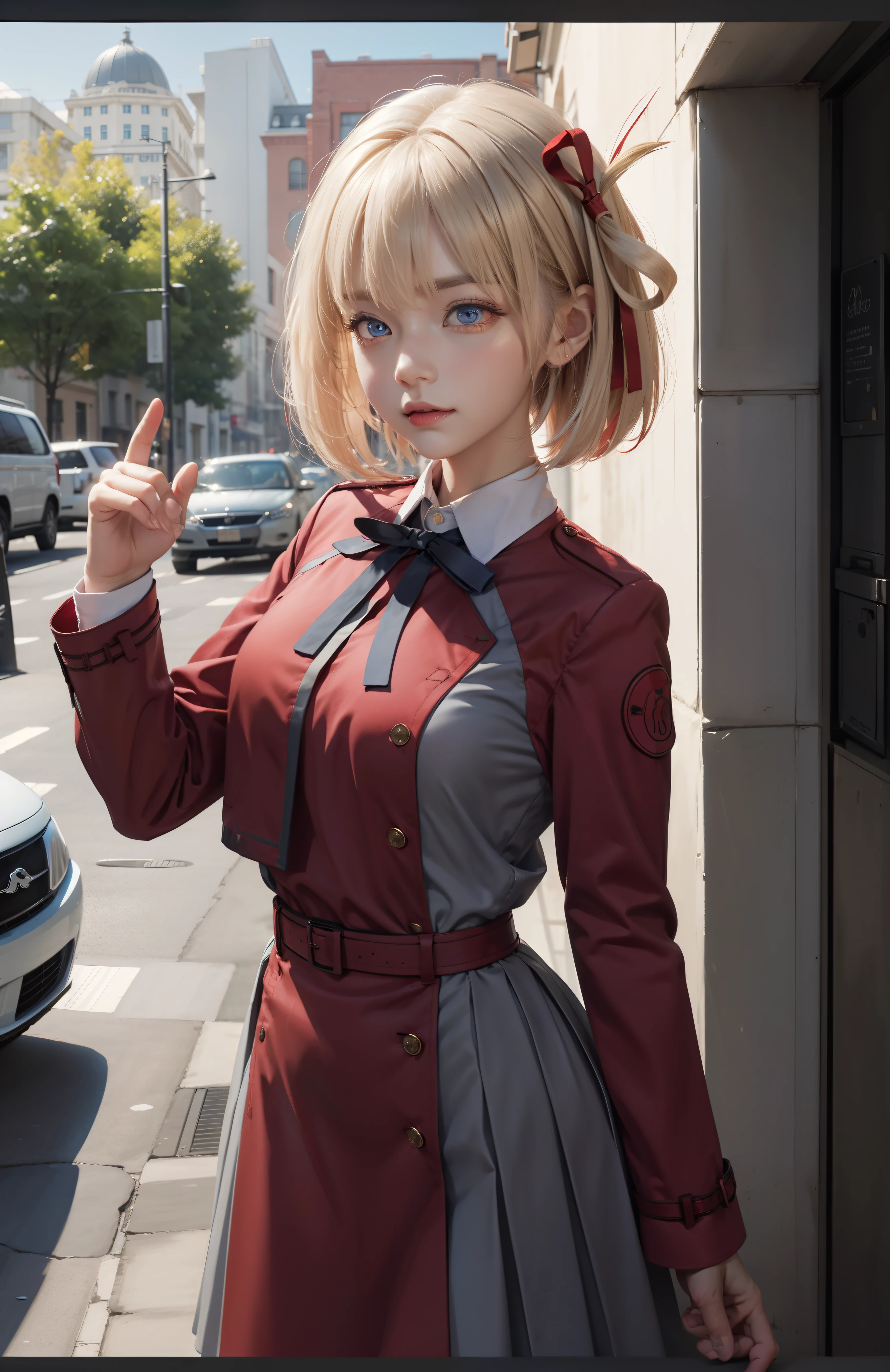 Thousands of miles of brocade, Chisato Nishiki, Short hair, bangs, Blonde hair, (Red eyes:1.5), Hair ribbon, one side up, Bob cut, BREAK  shirt, Long sleeves, dress, ribbon, White shirt, Collared shirt, belt, Neck ribbon, Red dress, Blue ribbon, Pleated dress, grey dress, Two-tone dresses, Red belt, Lycoris Uniform,, BREAK outdoors, City, BREAK looking at viewer, Break (Masterpiece:1.2), Best quality, high resolution, Unity 8k wallpaper, (illustration:0.8), (Beautiful detailed eyes:1.6), Extremely detailed face, Perfect lighting, Extremely detailed CG, (Perfect hands, Perfect anatomy),