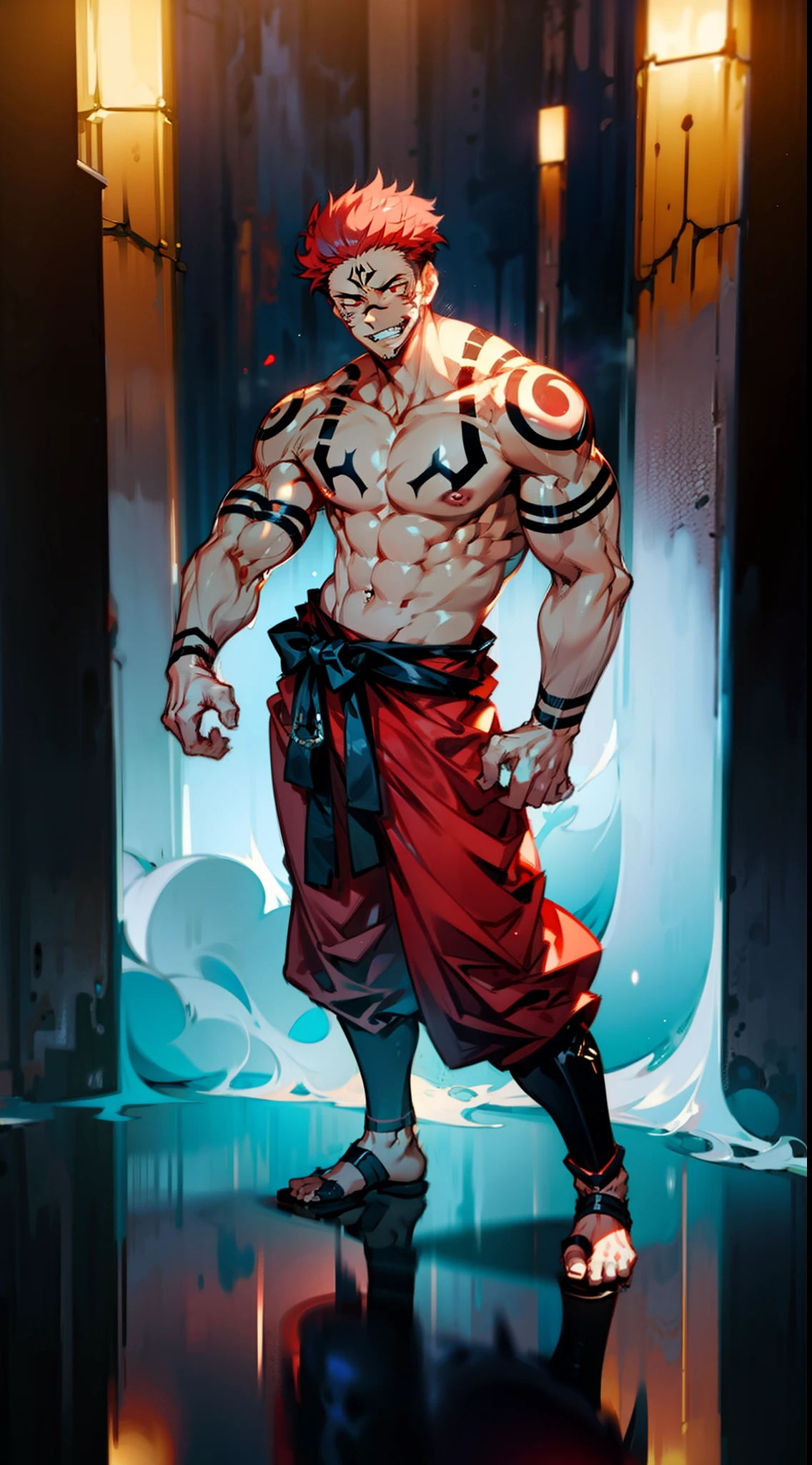 masterpiece, best quality, 1boy, (sukuna), red hair, black eyes, , smiling, evil smile, angry face, aura power, night, natural light, standing, standing inside his domain, angry eyes, evil smiling, male focus, strong muscles, tall guy, movie composition, standing, bokeh, (futuristic), (full body), scary look, godly strength, tattoo, tattoo on face, tattoo on body