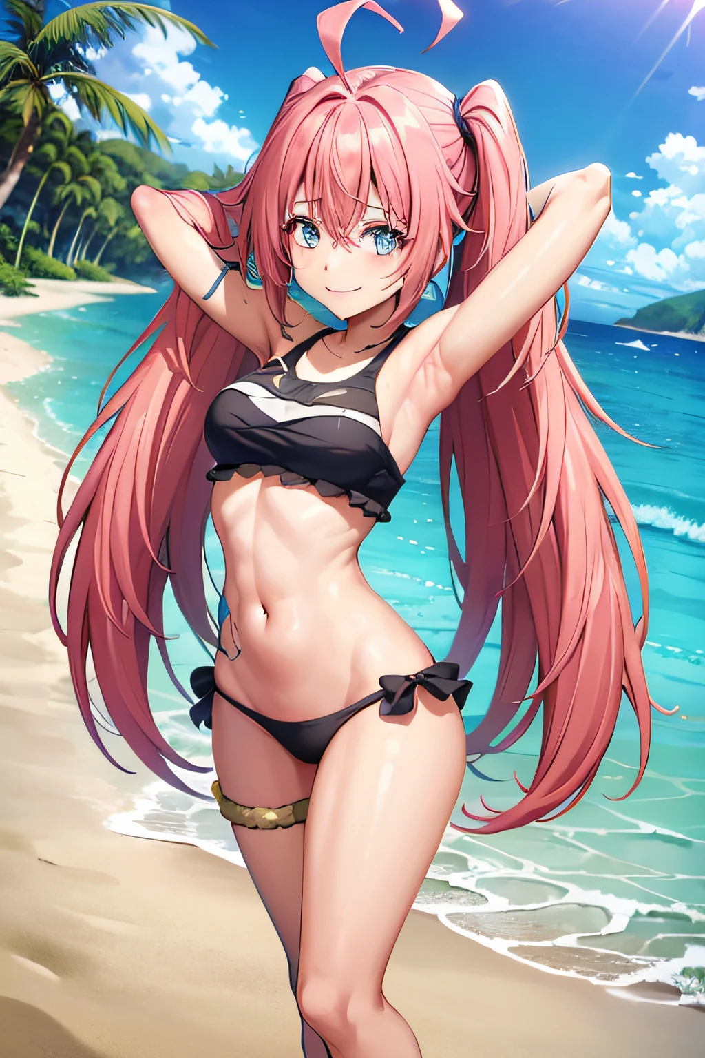 ((female)), (very messy hair), (sorriso feliz), Presas, ((abdominais rasgados)), Toned arms and legs, peitos pequenos, Suor excessiva, (Summer beach scenery), olhos bem azuis, barefoot, standing on her feet