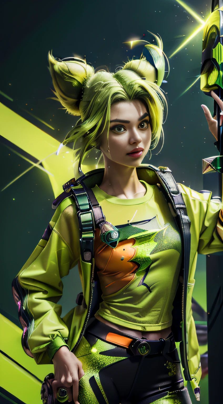 (masterpiece, ultra quality, high resolution, 8k, intricate: 1.2), (zeri, from league of legends:1.6), (wearing Midnight Green colored puffy jacket down her shoulders, hex color #134B5F, low cut jacket, long sleeves jacket:1.2), (green hair, lime green hair:1.4), (full body picture, anatomic, weapon hand sign with lime green sparkles:1.3), (green, sparkle surrounding her body, detailed body, detailed clothes, green sparkles effect around her arms, orange t-shirt, green lightning logo printed in the middle of her t-shirt, wearning rollers:1.2), (beautiful face, detailed face, cross form bandage on her left cheek, lime green eyes:1.2)