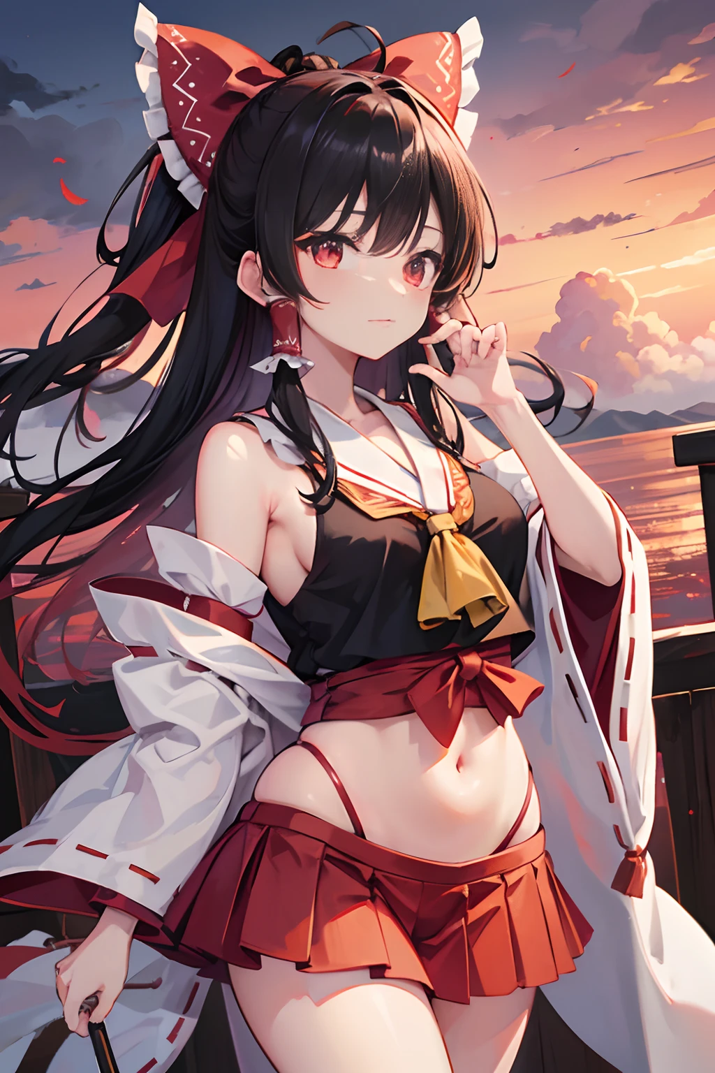 Hakurei Reimu,evening glow,black clouds,Red Sky,foggy